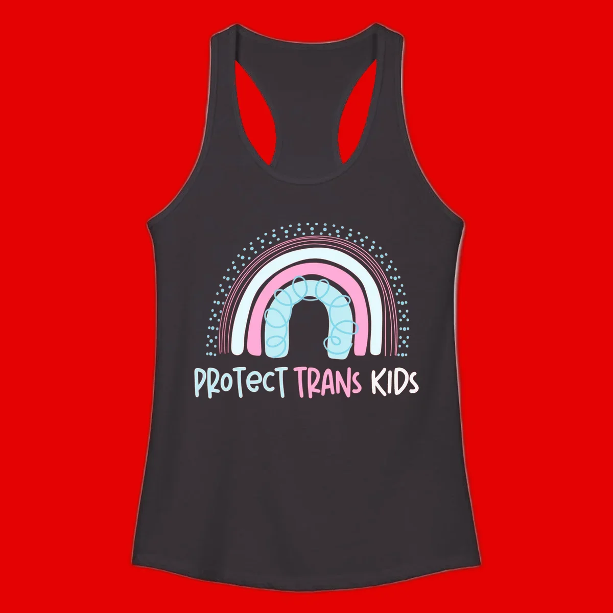 Protect trans kids pride design: rainbow arch with protective shield and DNA strands in pink, blue, and cyan with radiating dots
