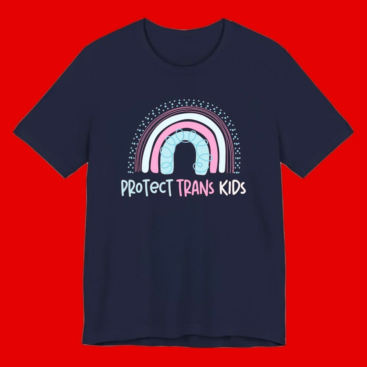 Protect trans kids pride design: rainbow arch with protective shield and DNA strands in pink, blue, and cyan with radiating dots