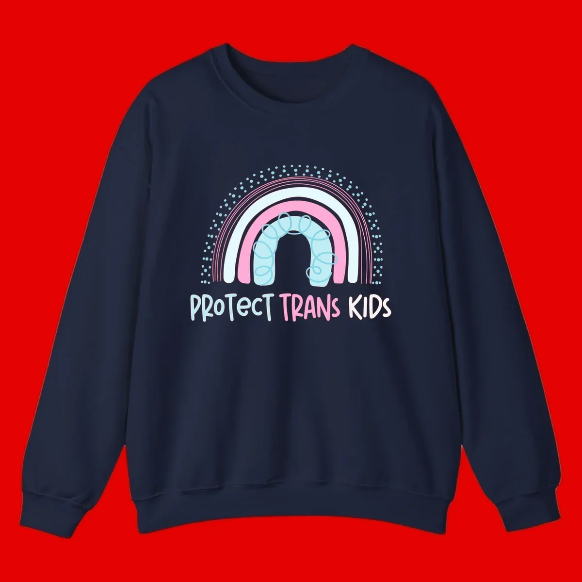 Protect trans kids pride design: rainbow arch with protective shield and DNA strands in pink, blue, and cyan with radiating dots