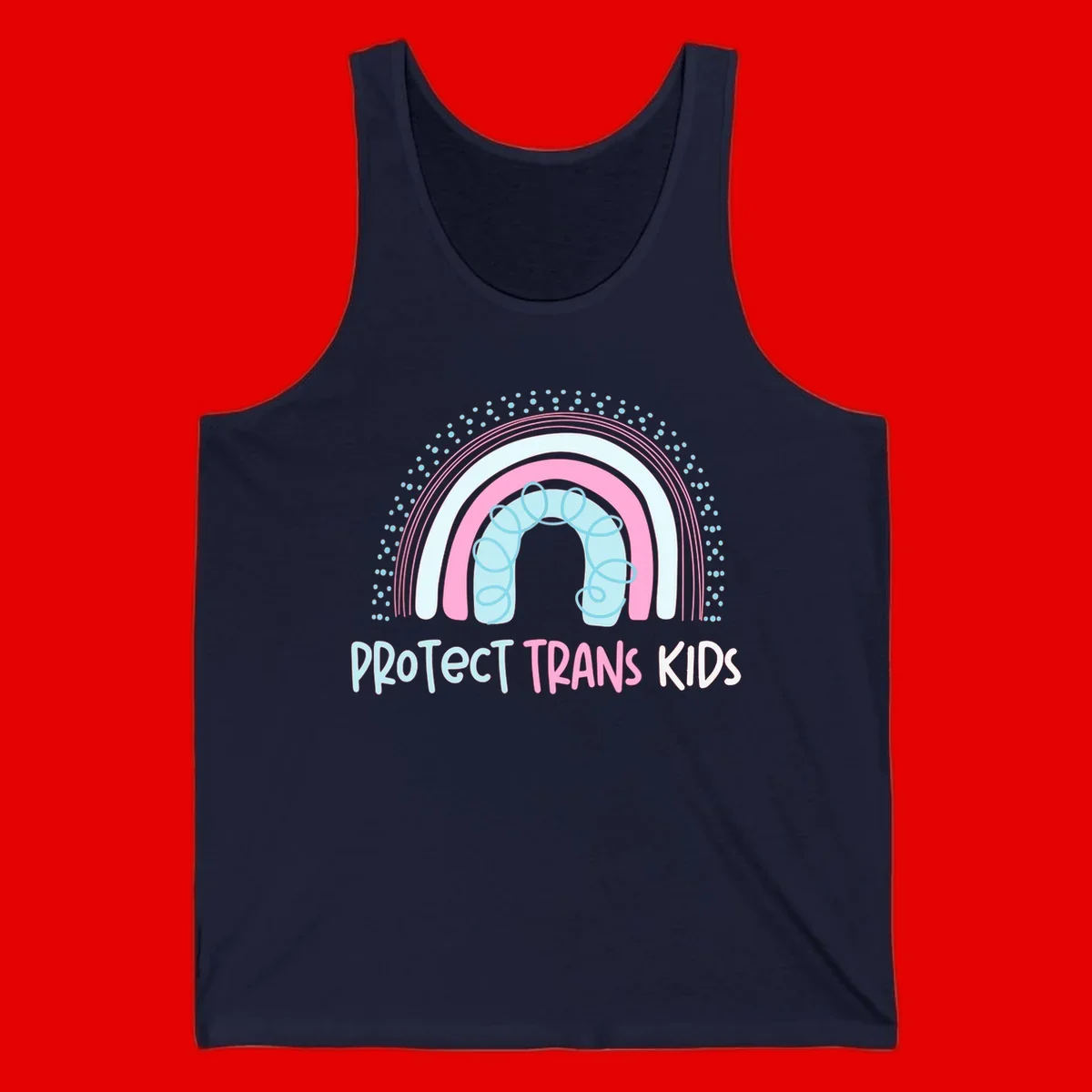 Protect trans kids pride design: rainbow arch with protective shield and DNA strands in pink, blue, and cyan with radiating dots