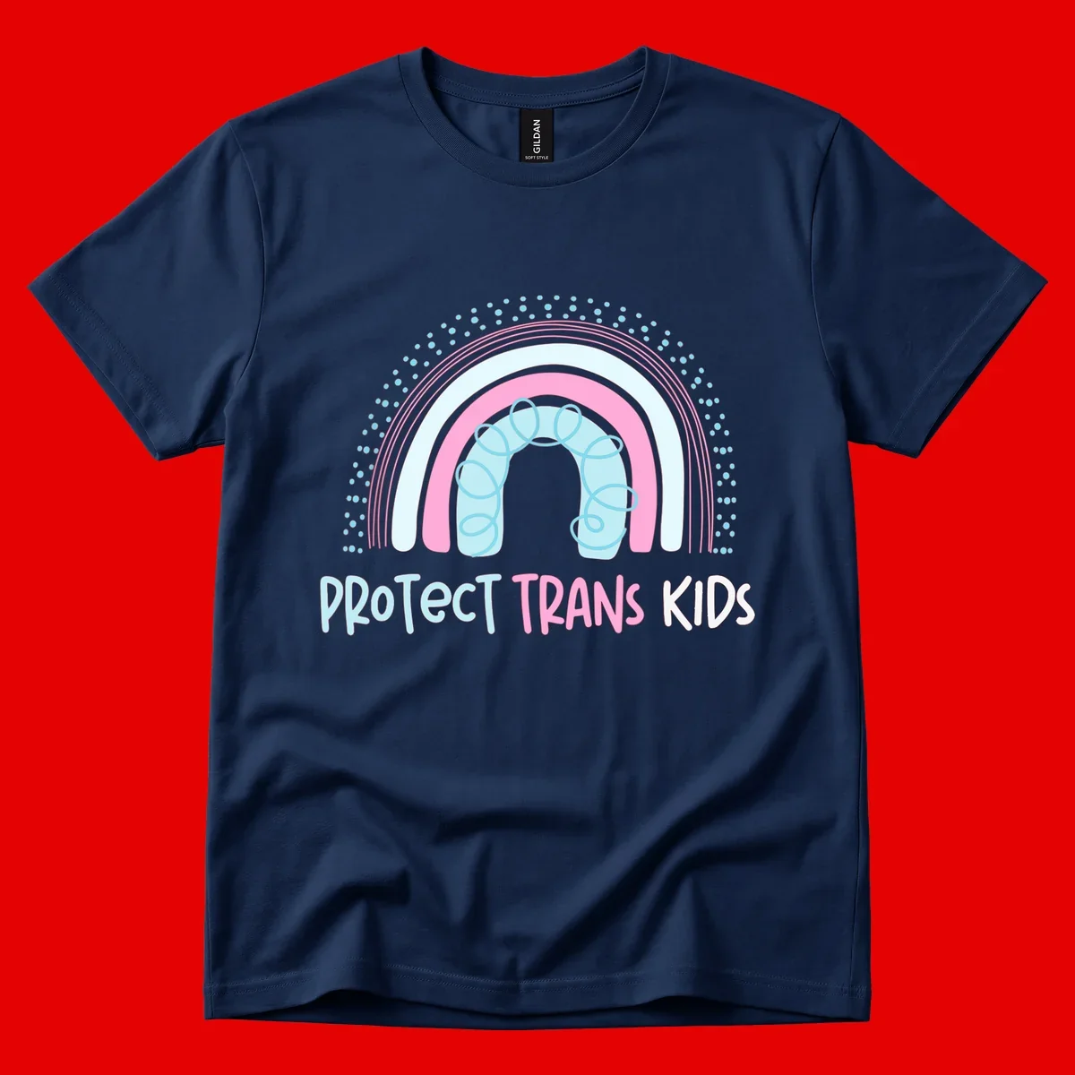 Protect trans kids pride design: rainbow arch with protective shield and DNA strands in pink, blue, and cyan with radiating dots