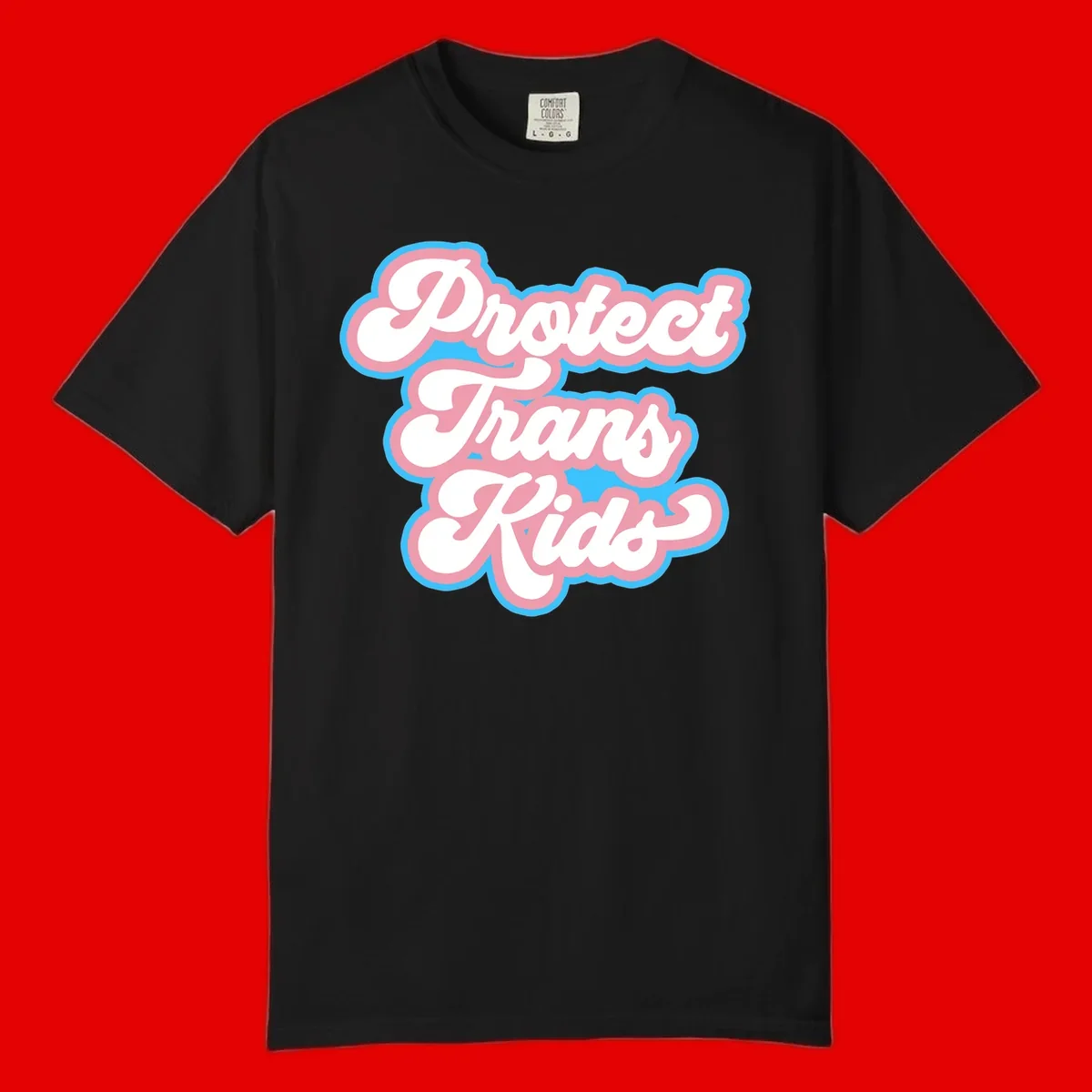 Protect trans kids pride design featuring white bold text with pink and blue scalloped borders on gray background