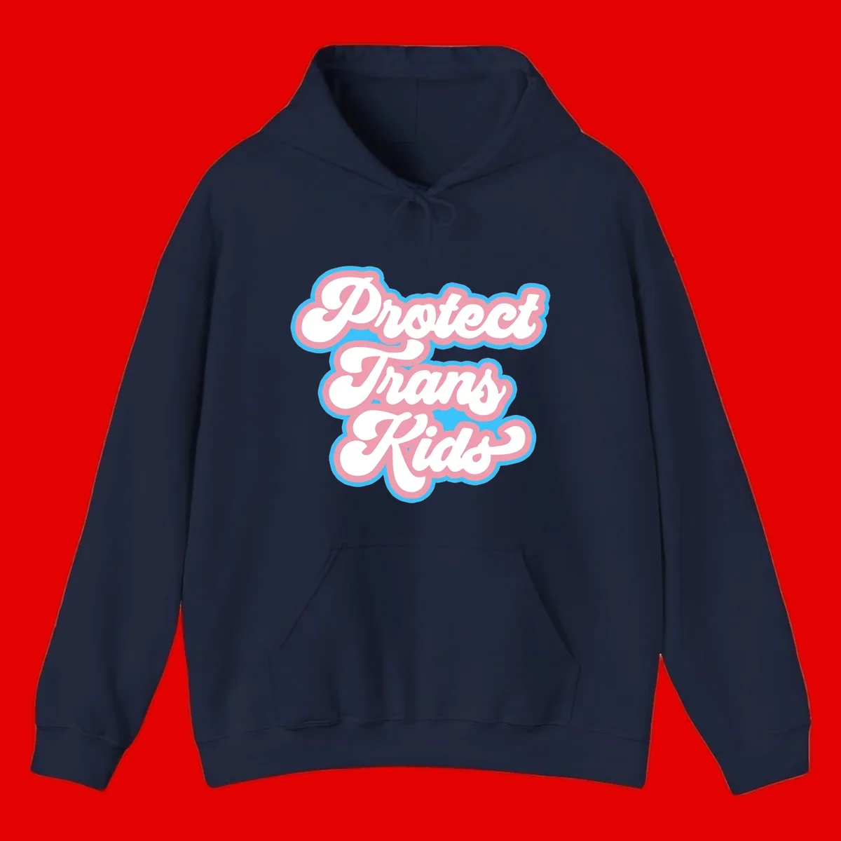 Protect trans kids pride design featuring white bold text with pink and blue scalloped borders on gray background