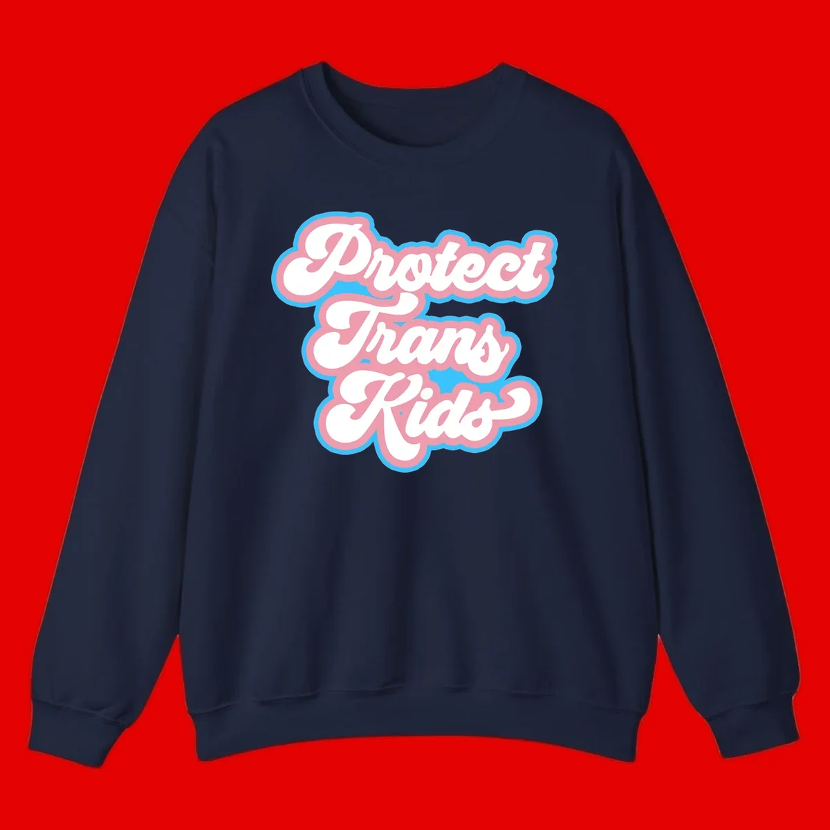 Protect trans kids pride design featuring white bold text with pink and blue scalloped borders on gray background