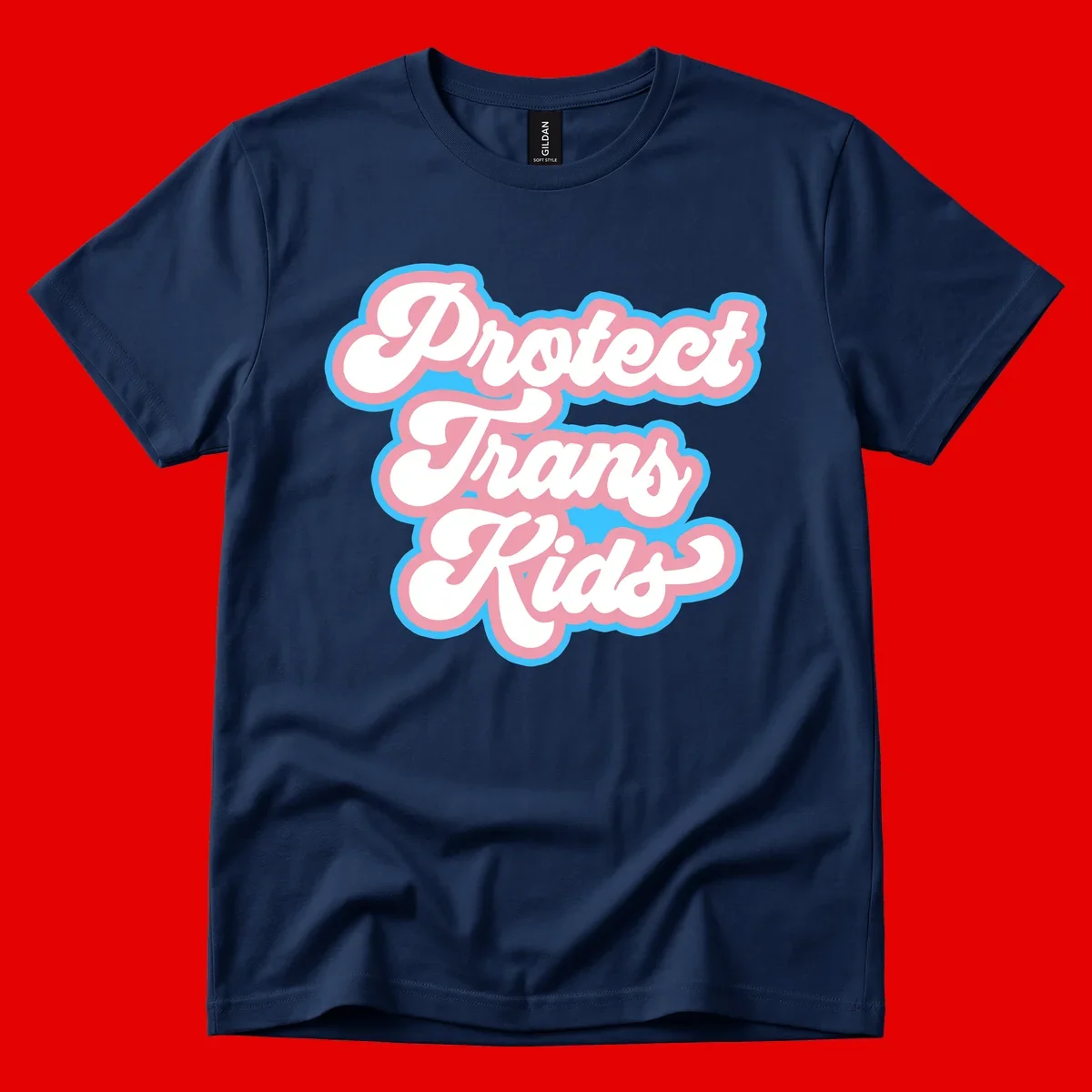 Protect trans kids pride design featuring white bold text with pink and blue scalloped borders on gray background