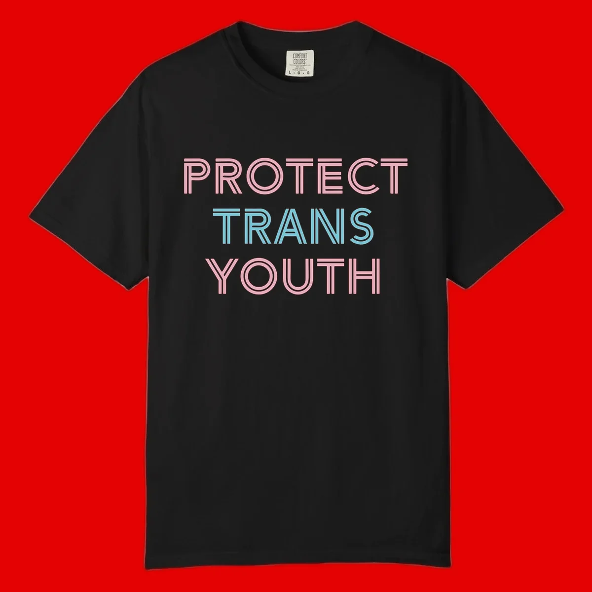 Protect trans youth design with pink and cyan outlined text on gray background