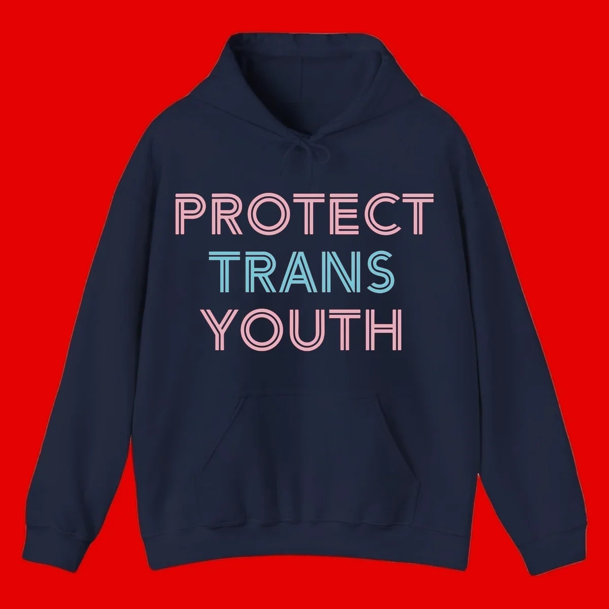 Protect trans youth design with pink and cyan outlined text on gray background