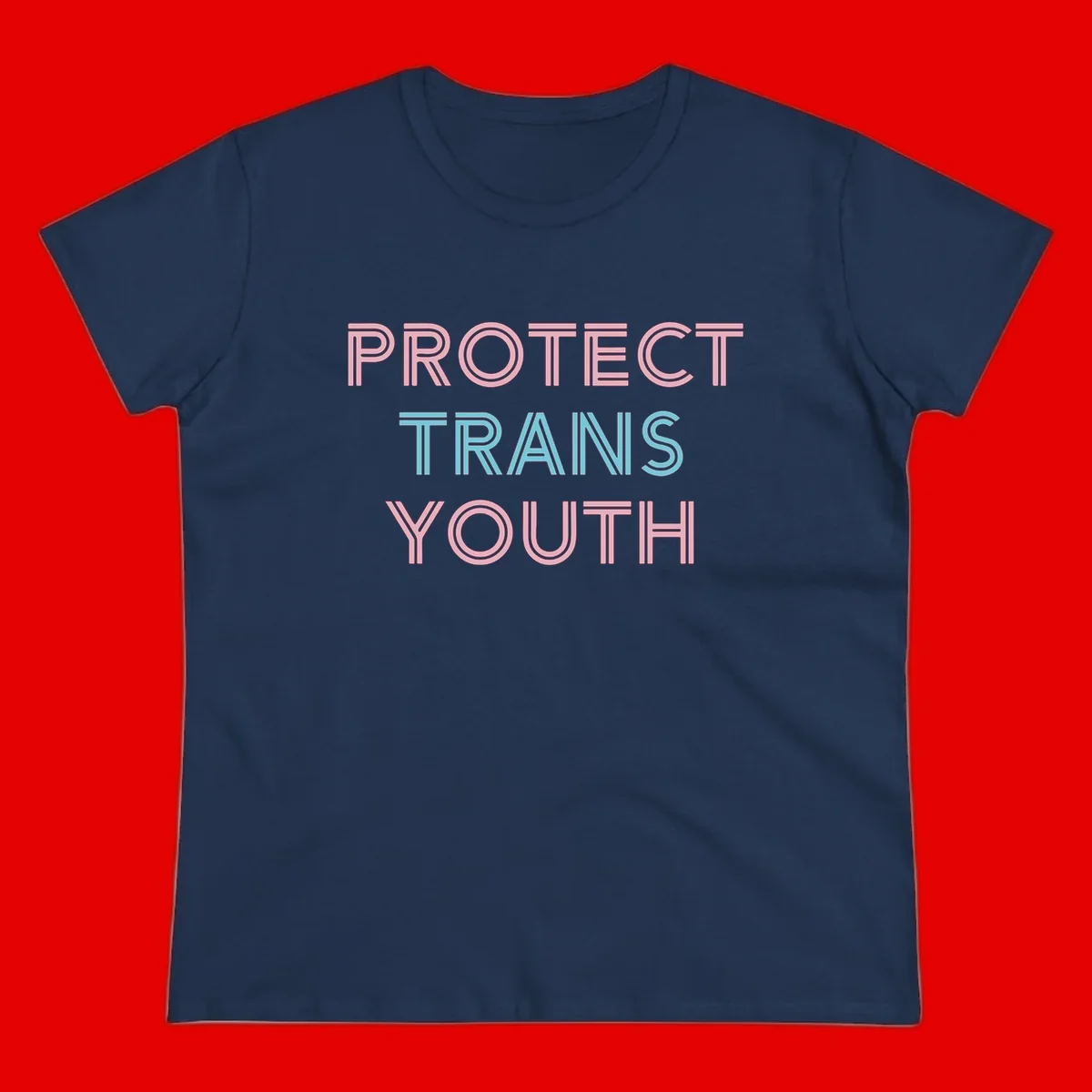 Protect trans youth design with pink and cyan outlined text on gray background