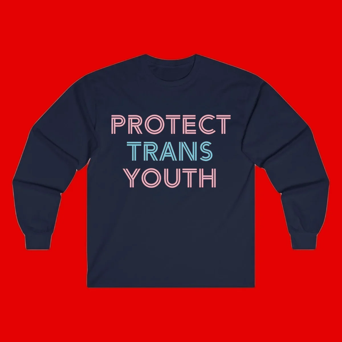 Protect trans youth design with pink and cyan outlined text on gray background