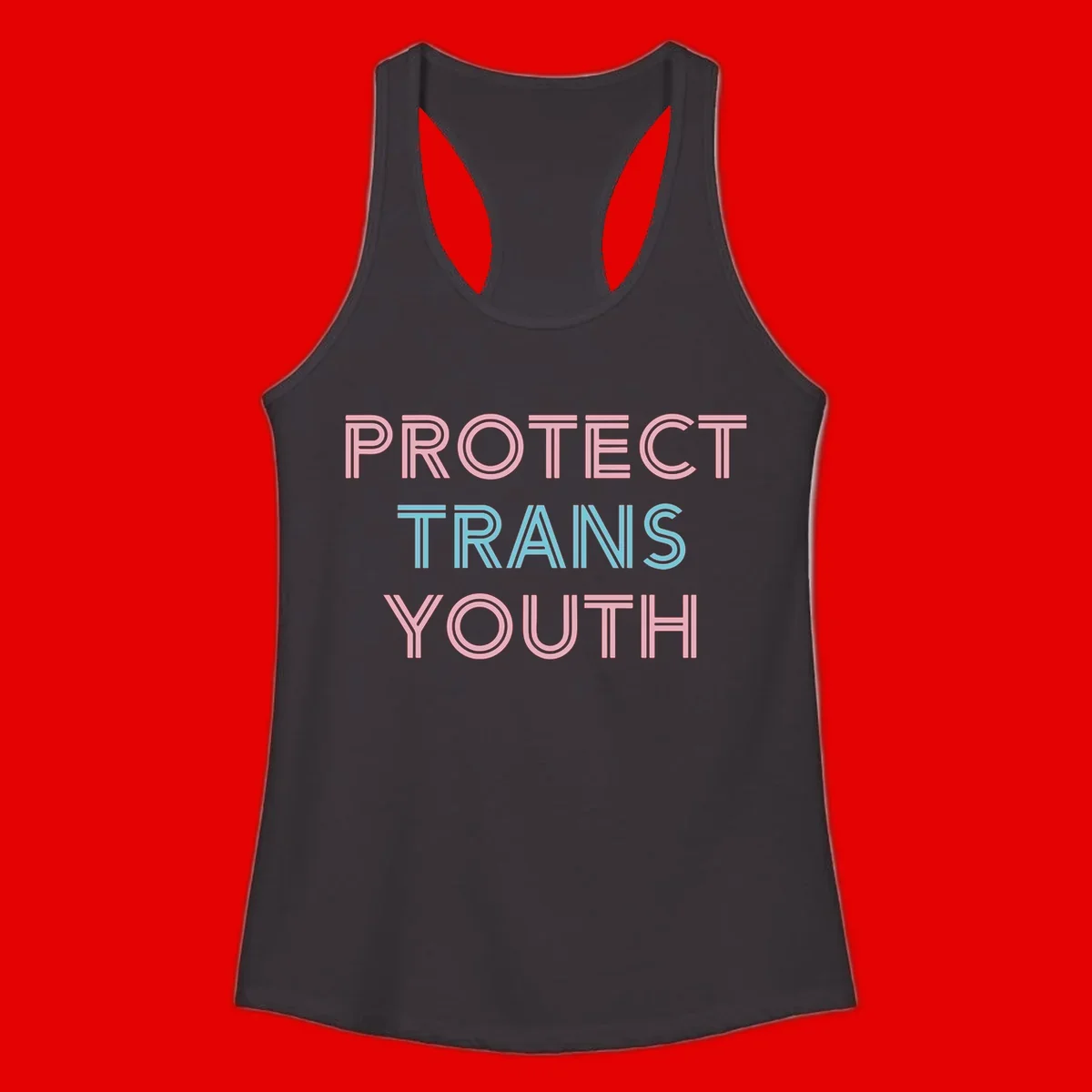 Protect trans youth design with pink and cyan outlined text on gray background