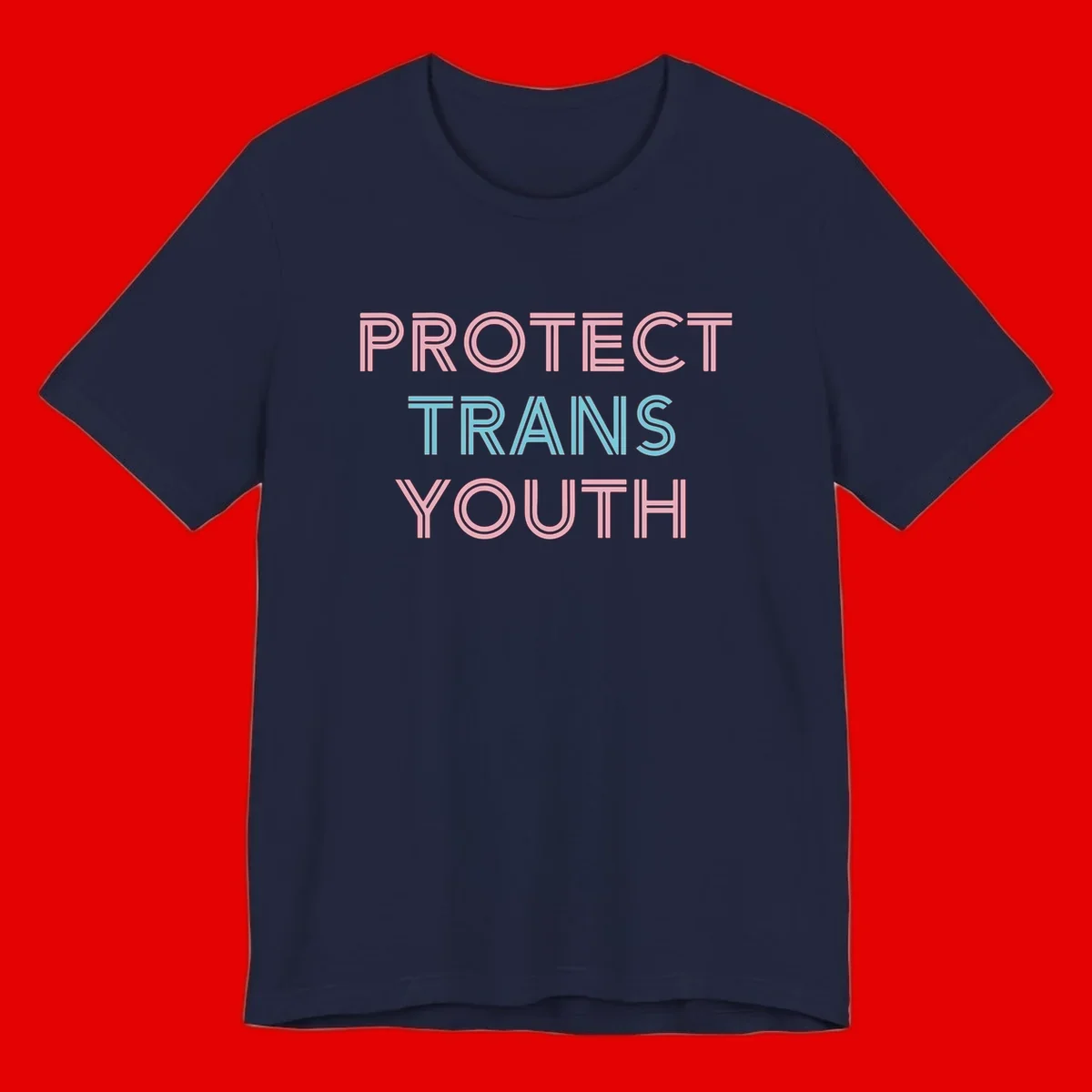 Protect trans youth design with pink and cyan outlined text on gray background