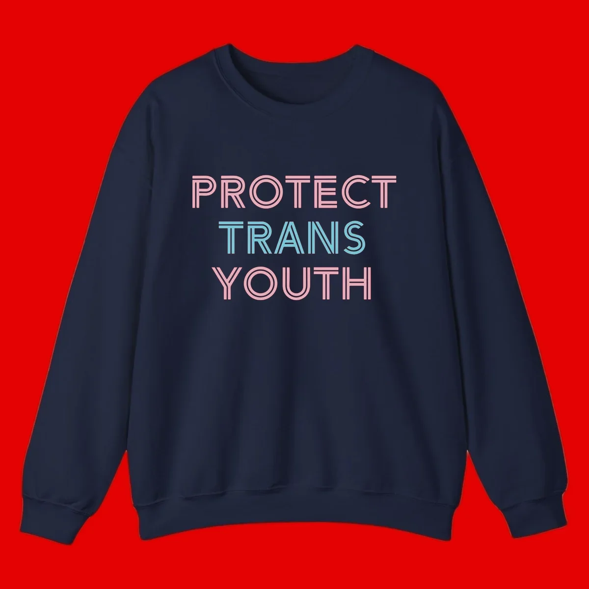 Protect trans youth design with pink and cyan outlined text on gray background