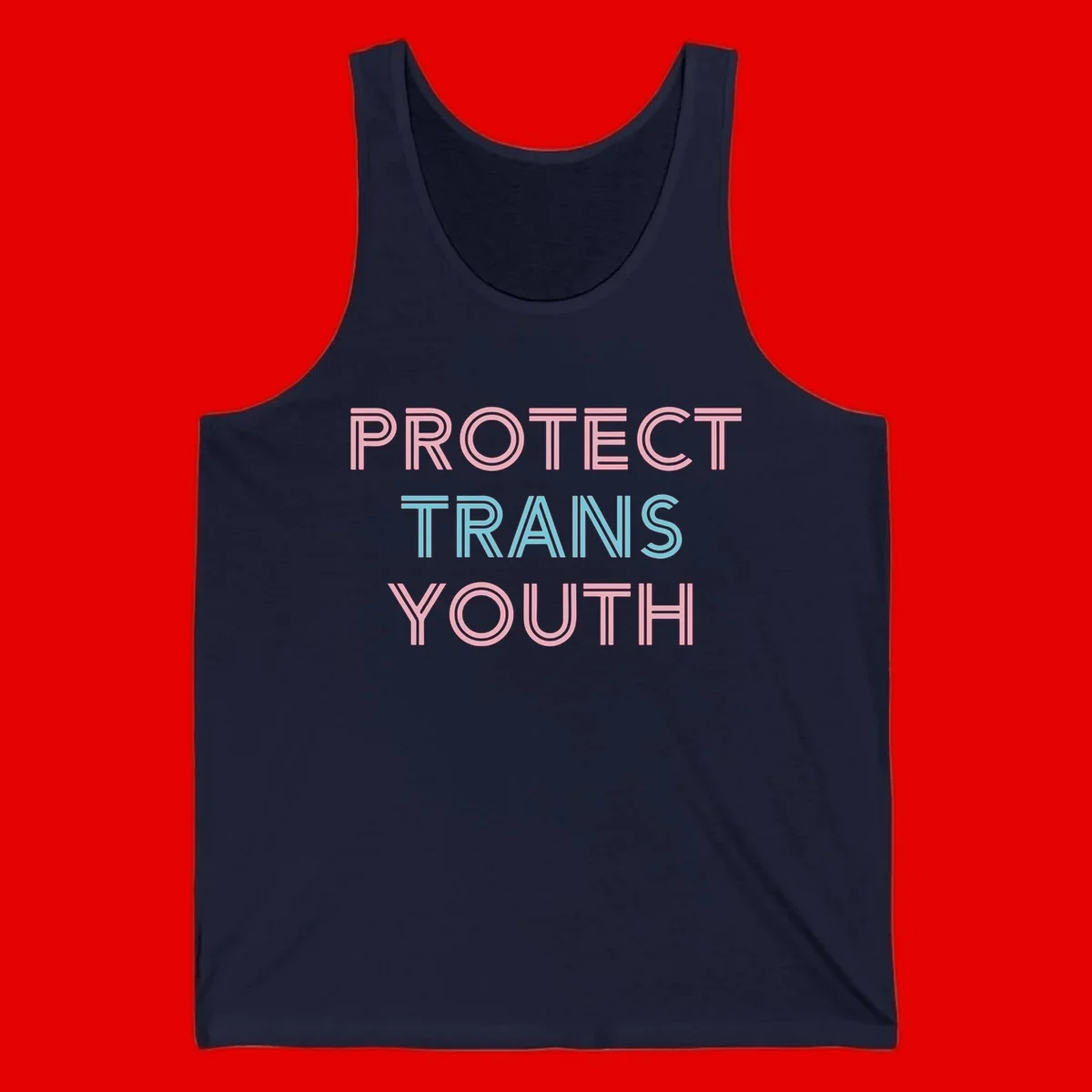 Protect trans youth design with pink and cyan outlined text on gray background