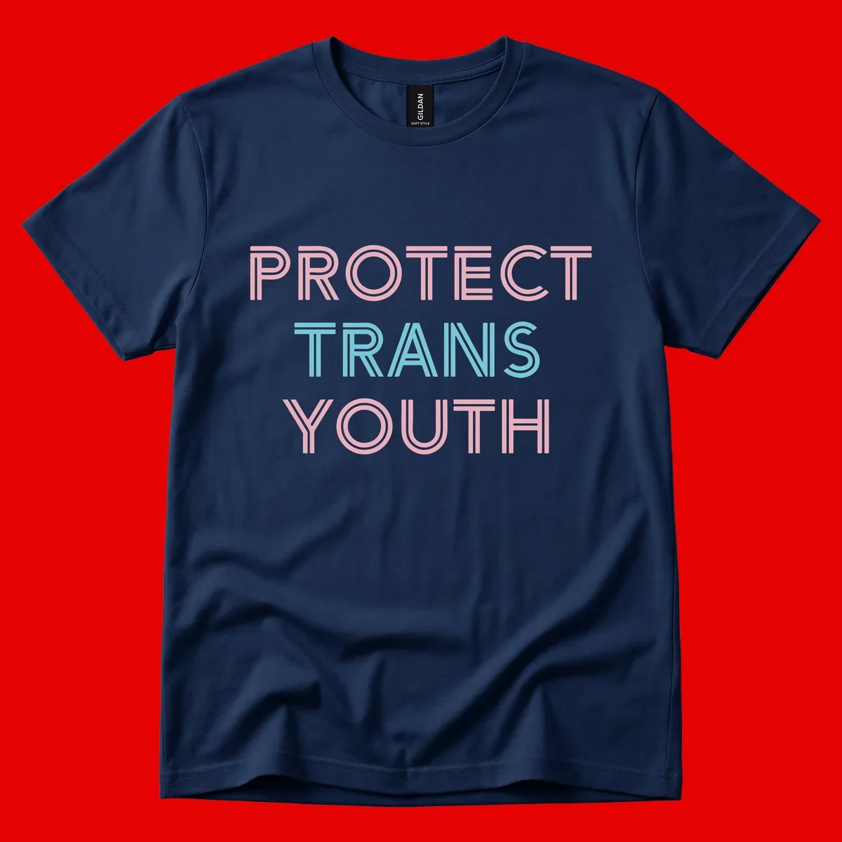 Protect trans youth design with pink and cyan outlined text on gray background