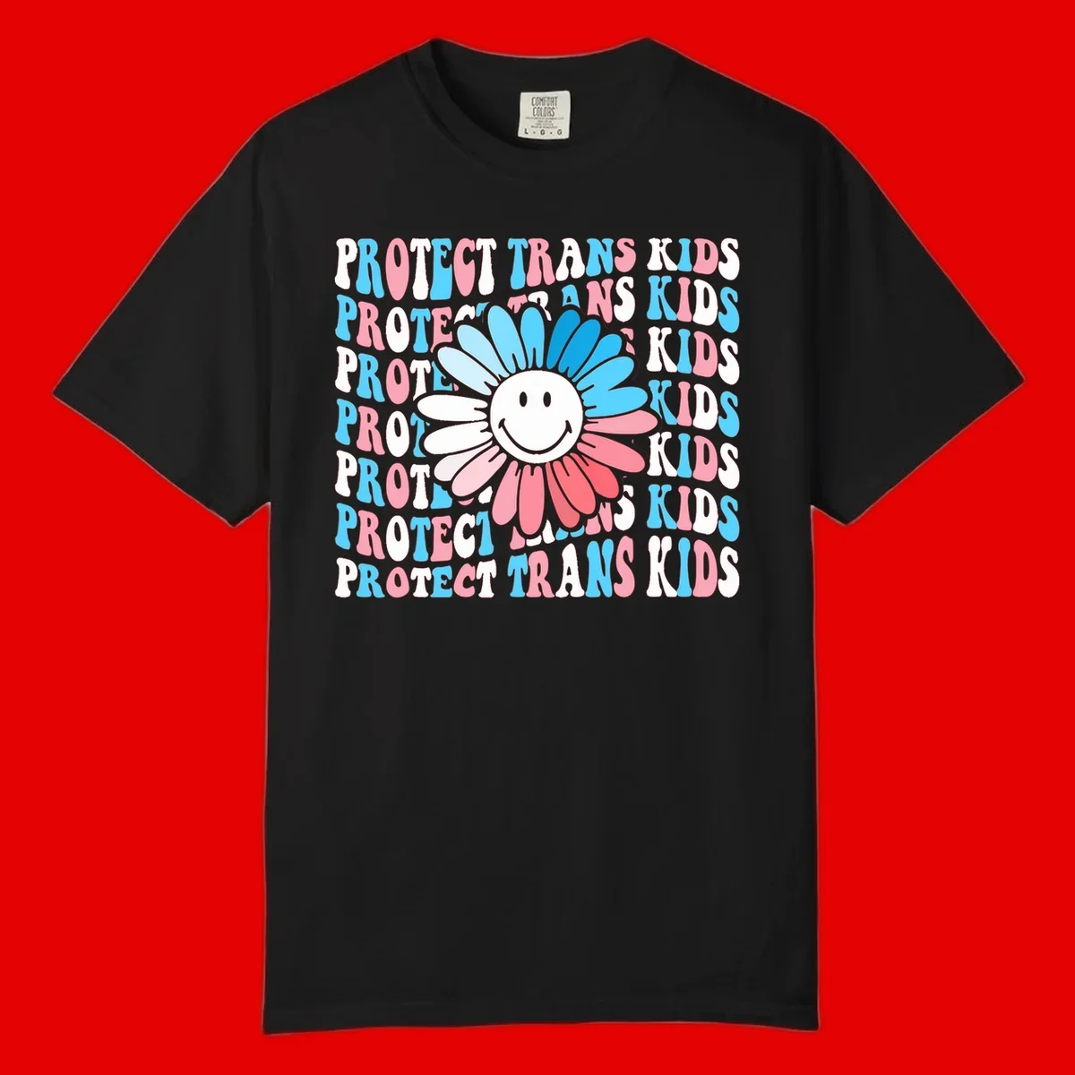 Protect trans kids daisy flower design with smiling face and gradient petals in blue and pink on gray background with repeated text