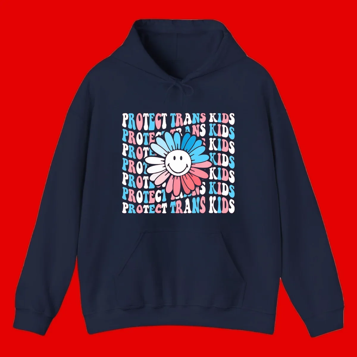 Protect trans kids daisy flower design with smiling face and gradient petals in blue and pink on gray background with repeated text