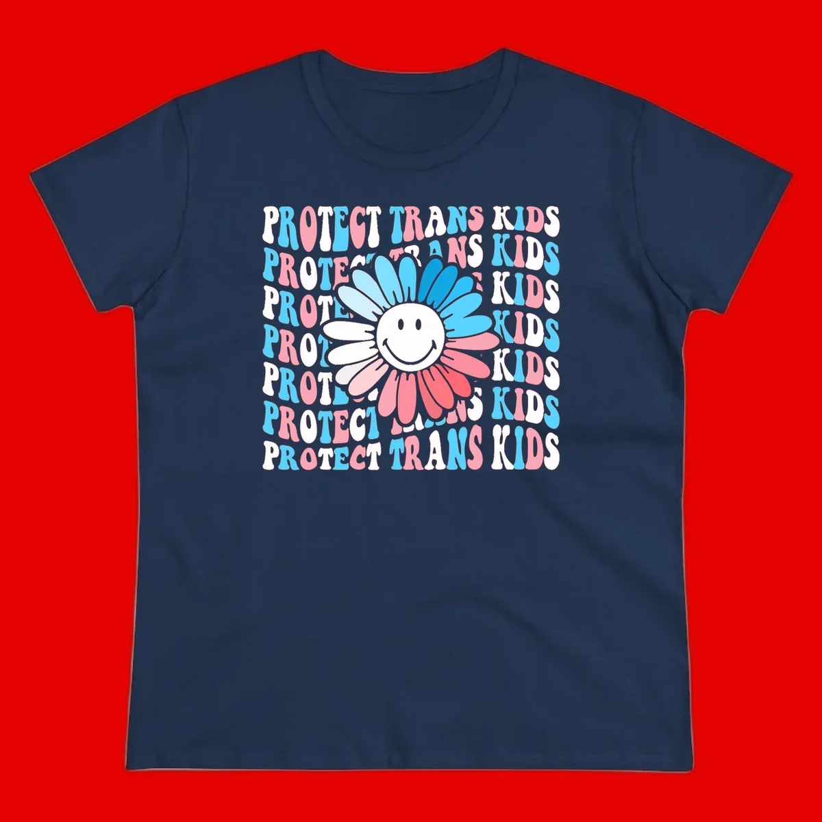 Protect trans kids daisy flower design with smiling face and gradient petals in blue and pink on gray background with repeated text