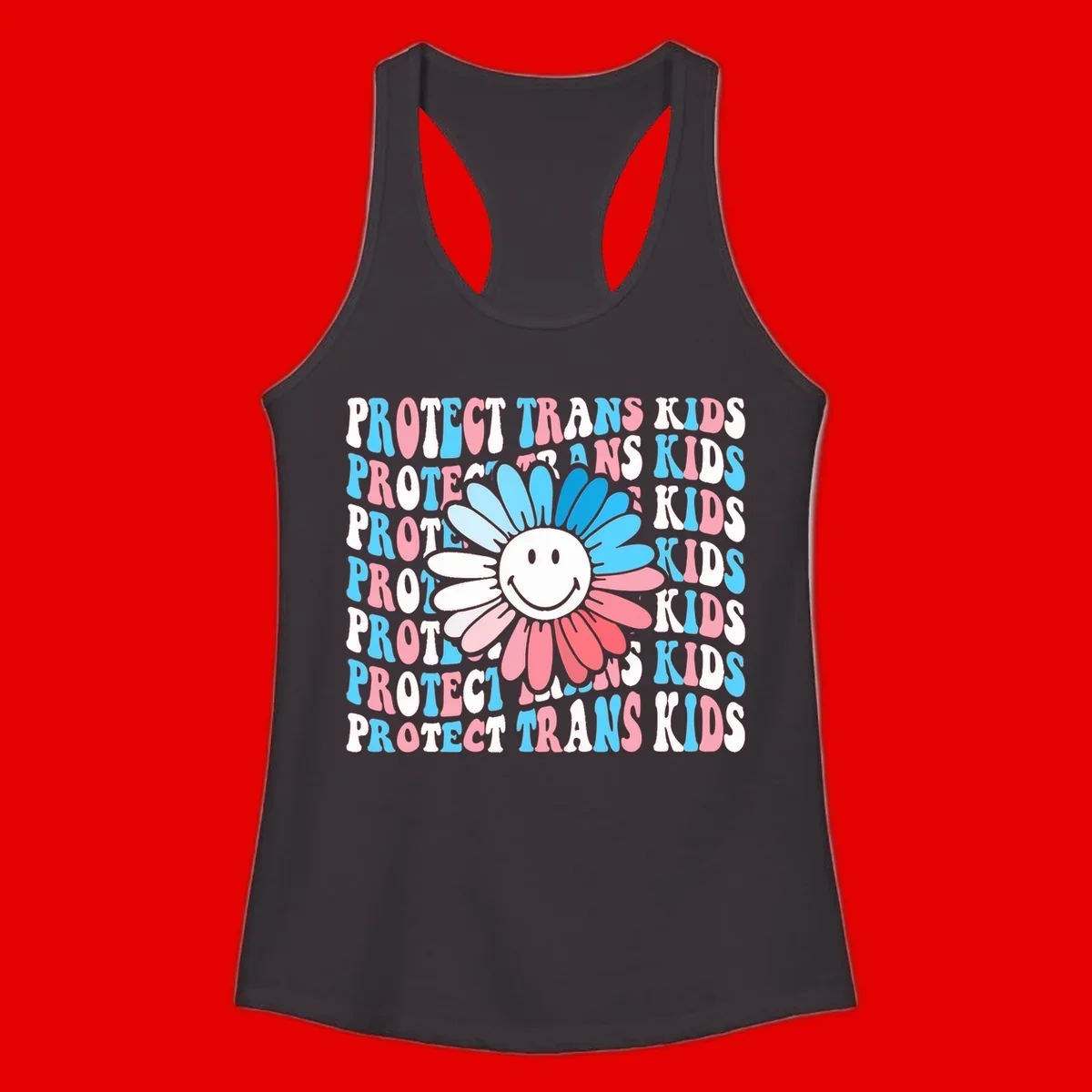 Protect trans kids daisy flower design with smiling face and gradient petals in blue and pink on gray background with repeated text