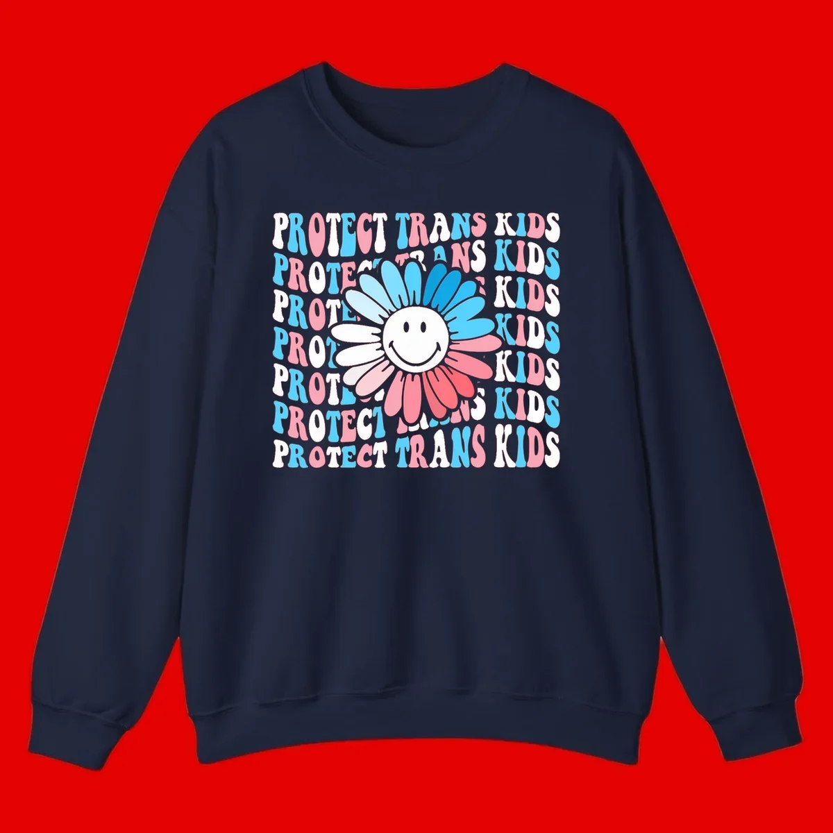 Protect trans kids daisy flower design with smiling face and gradient petals in blue and pink on gray background with repeated text