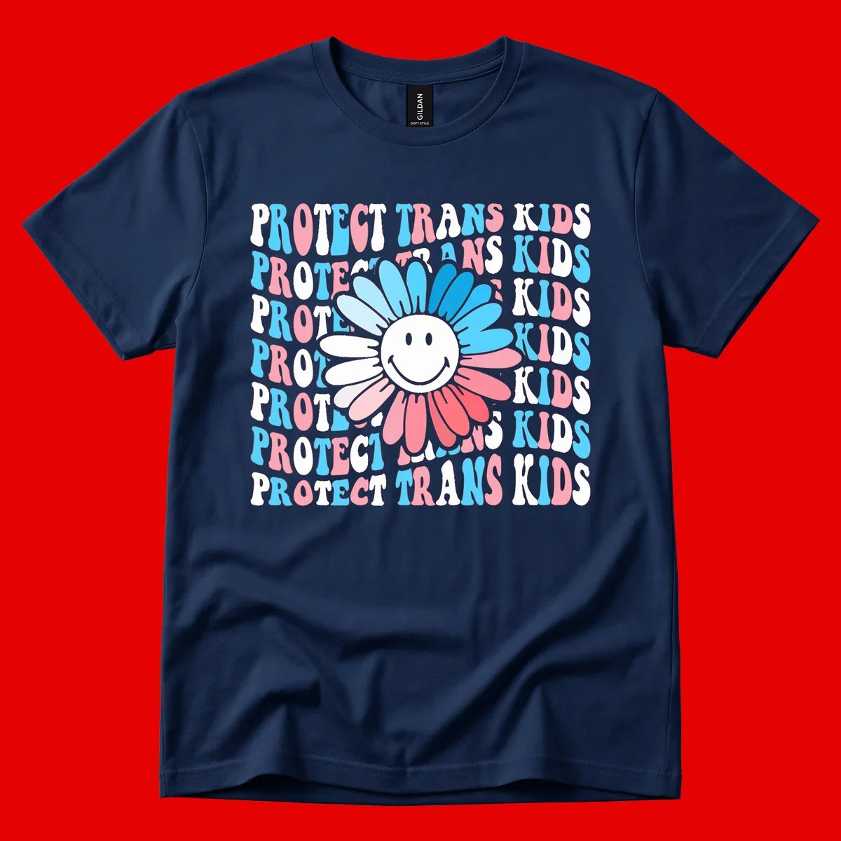 Protect trans kids daisy flower design with smiling face and gradient petals in blue and pink on gray background with repeated text