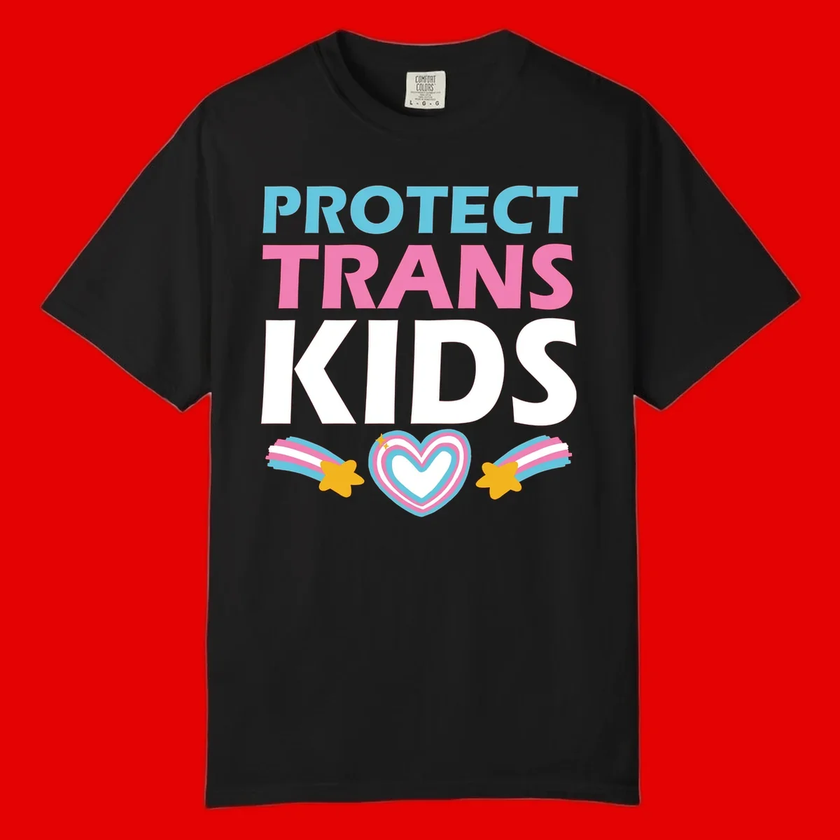 Protect trans kids pride design with cyan, pink and white text, concentric heart, and gold shooting stars with rainbow trails