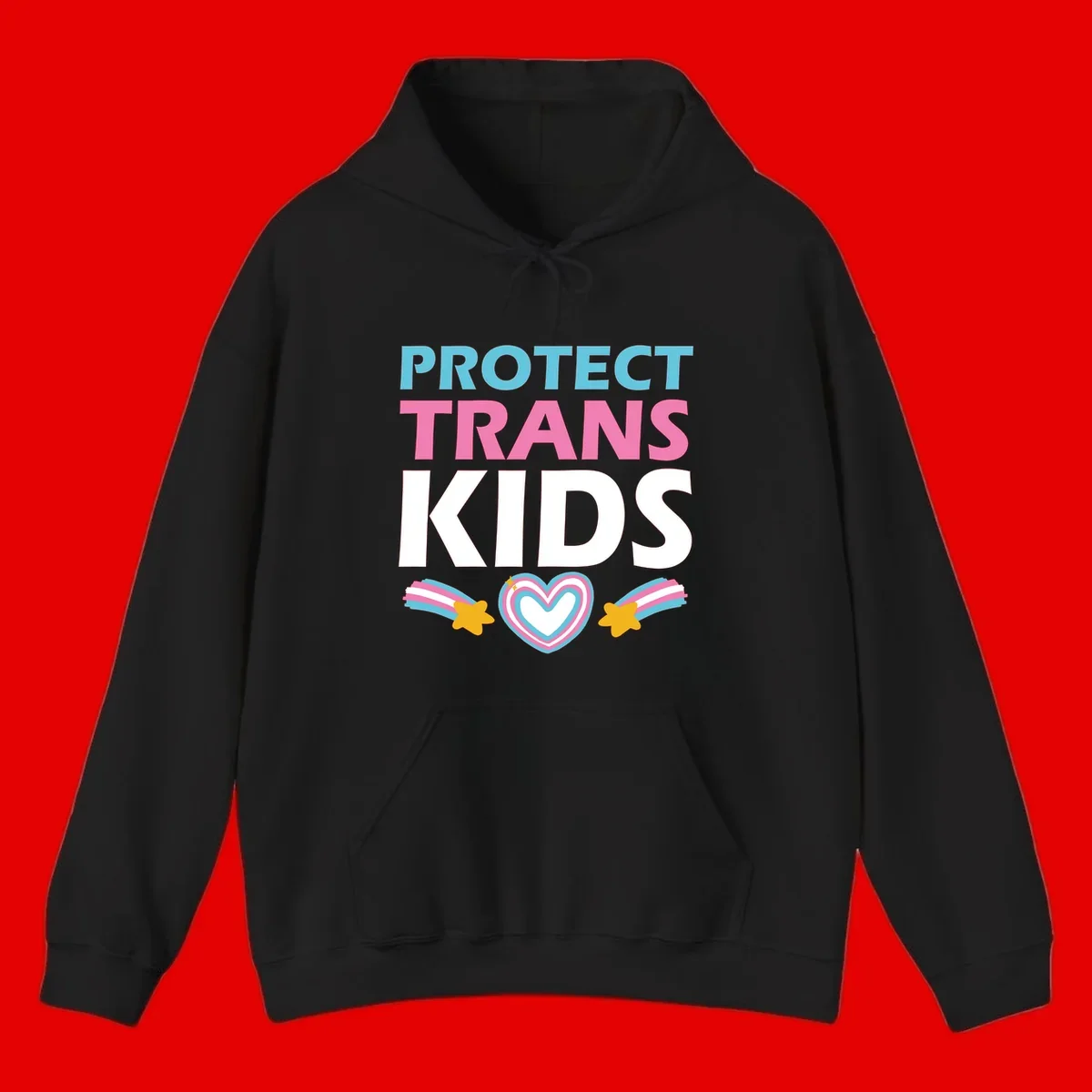 Protect trans kids pride design with cyan, pink and white text, concentric heart, and gold shooting stars with rainbow trails