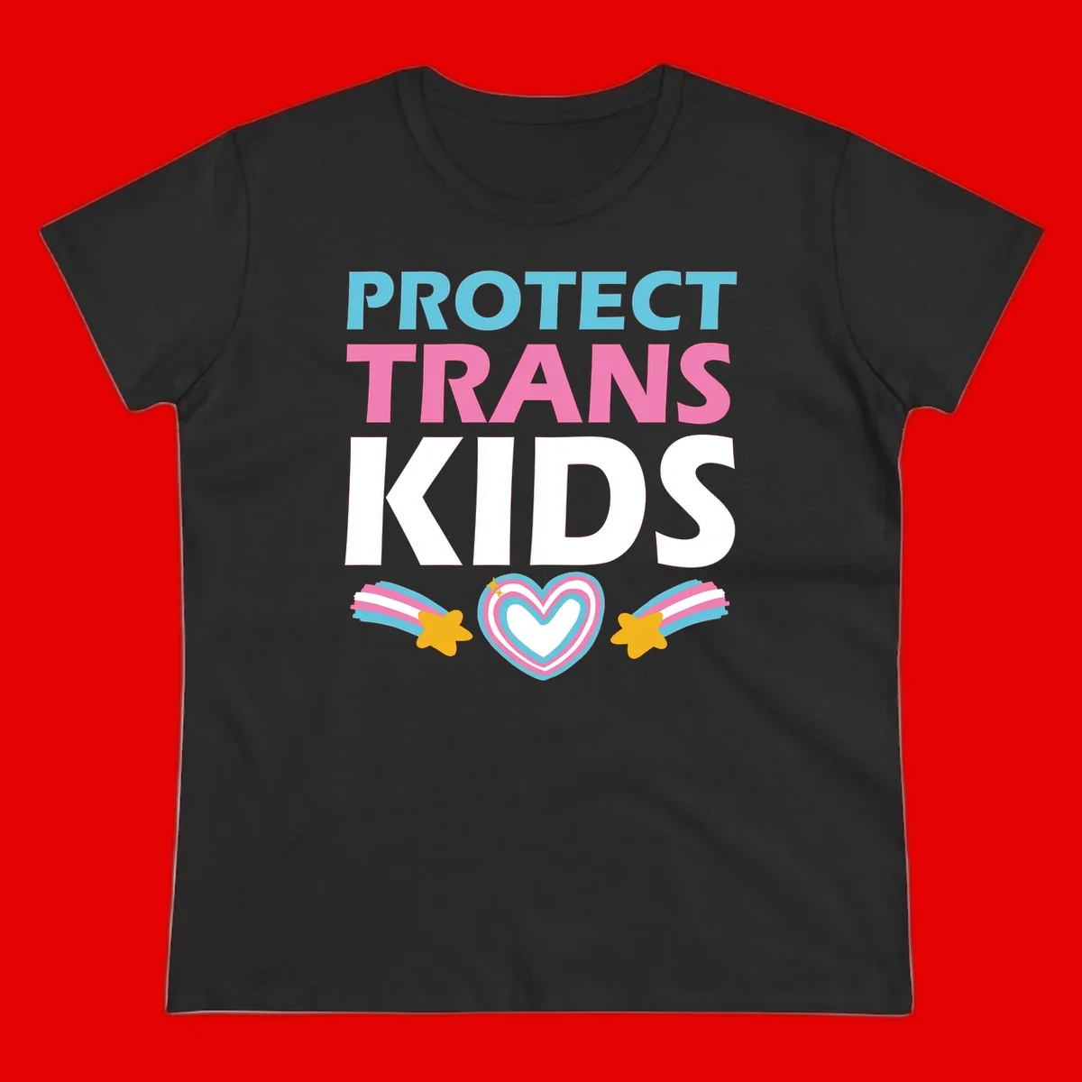 Protect trans kids pride design with cyan, pink and white text, concentric heart, and gold shooting stars with rainbow trails