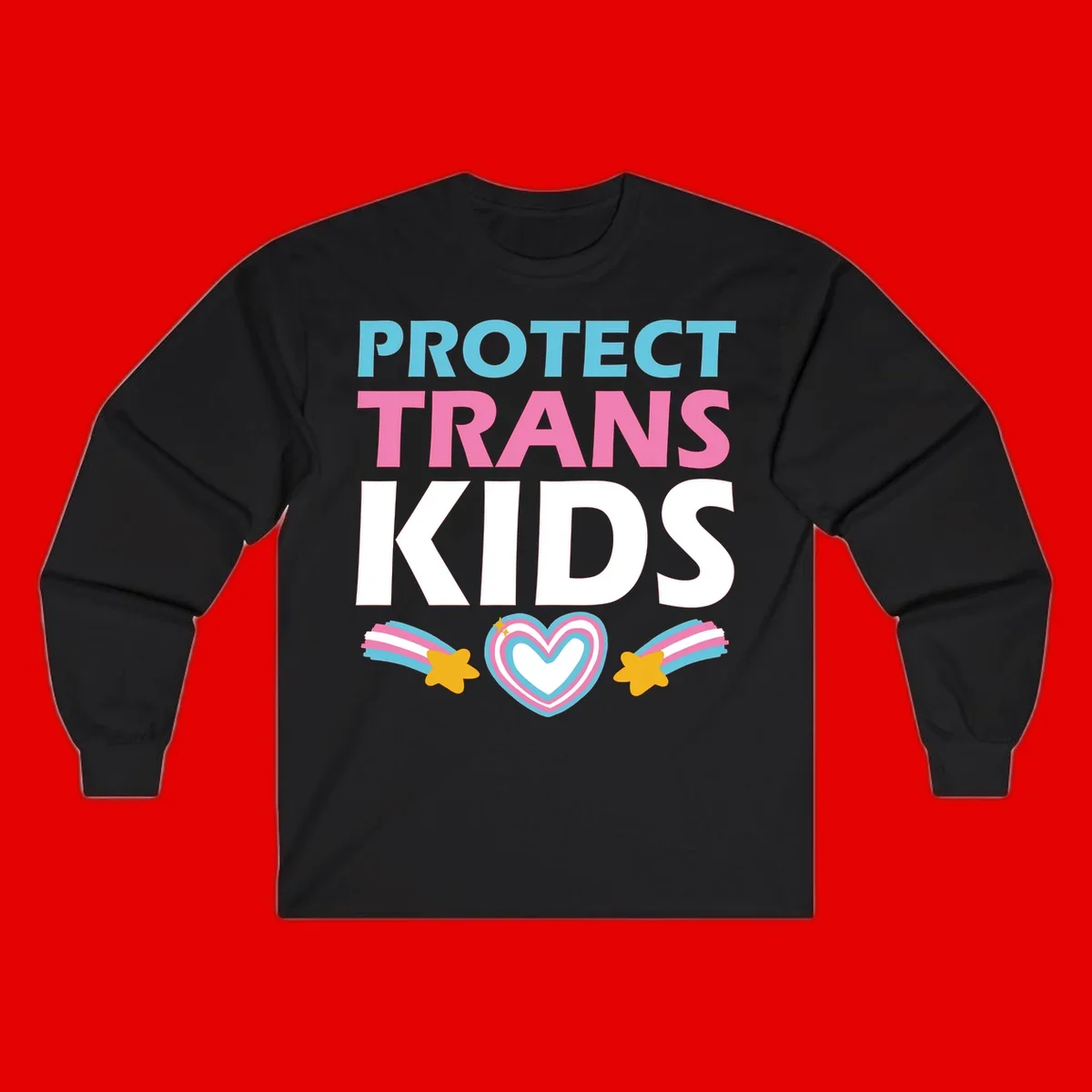 Protect trans kids pride design with cyan, pink and white text, concentric heart, and gold shooting stars with rainbow trails