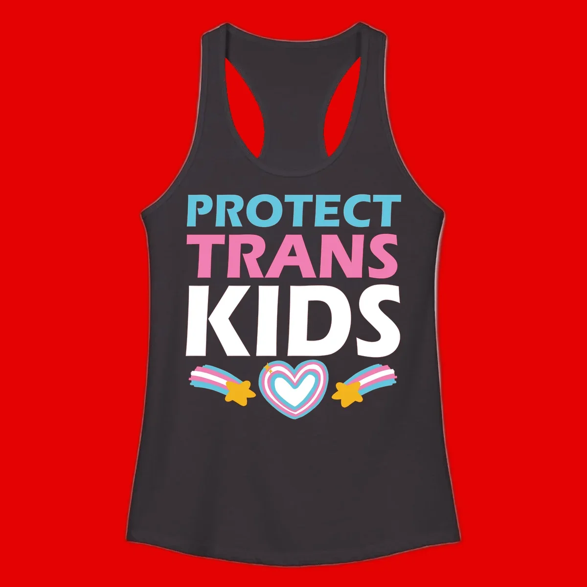 Protect trans kids pride design with cyan, pink and white text, concentric heart, and gold shooting stars with rainbow trails