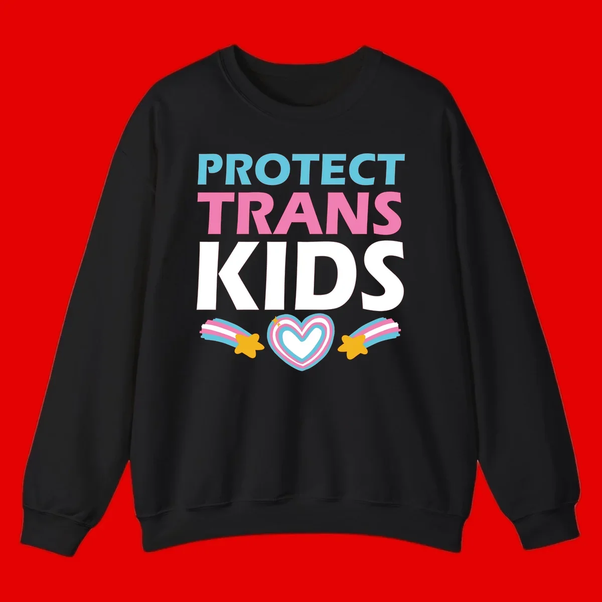 Protect trans kids pride design with cyan, pink and white text, concentric heart, and gold shooting stars with rainbow trails
