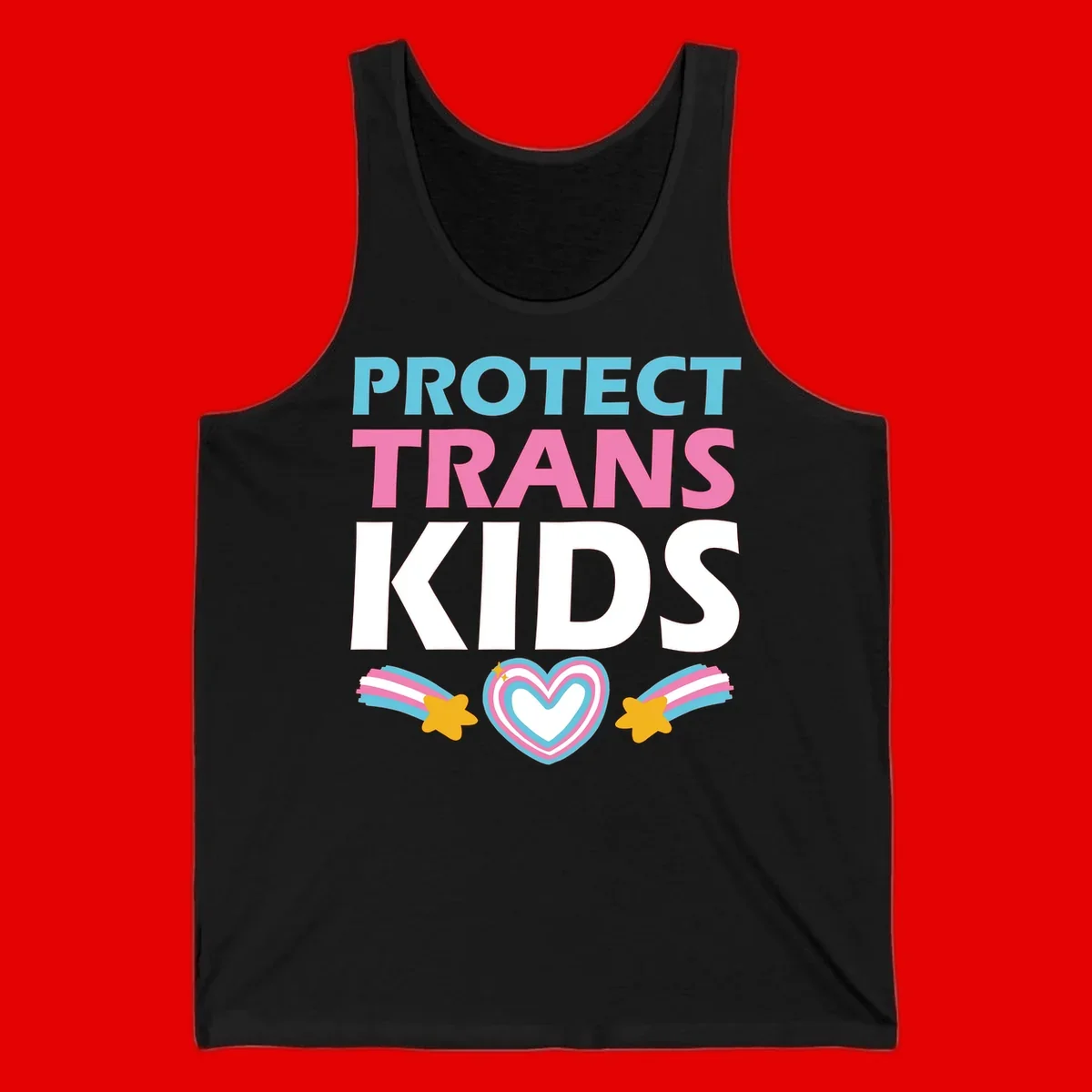 Protect trans kids pride design with cyan, pink and white text, concentric heart, and gold shooting stars with rainbow trails