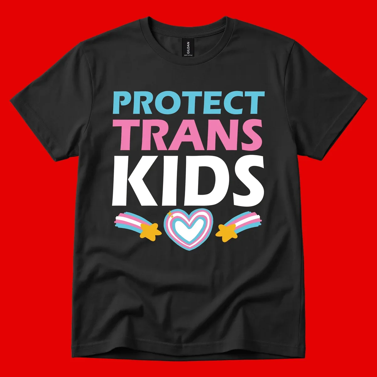 Protect trans kids pride design with cyan, pink and white text, concentric heart, and gold shooting stars with rainbow trails