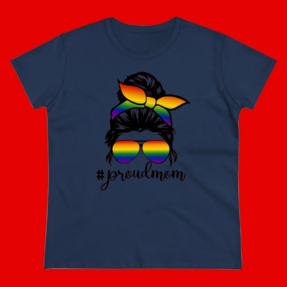 Illustration of a woman with black hair wearing rainbow bow, sunglasses, and lips with #proudmom text celebrating LGBTQ pride