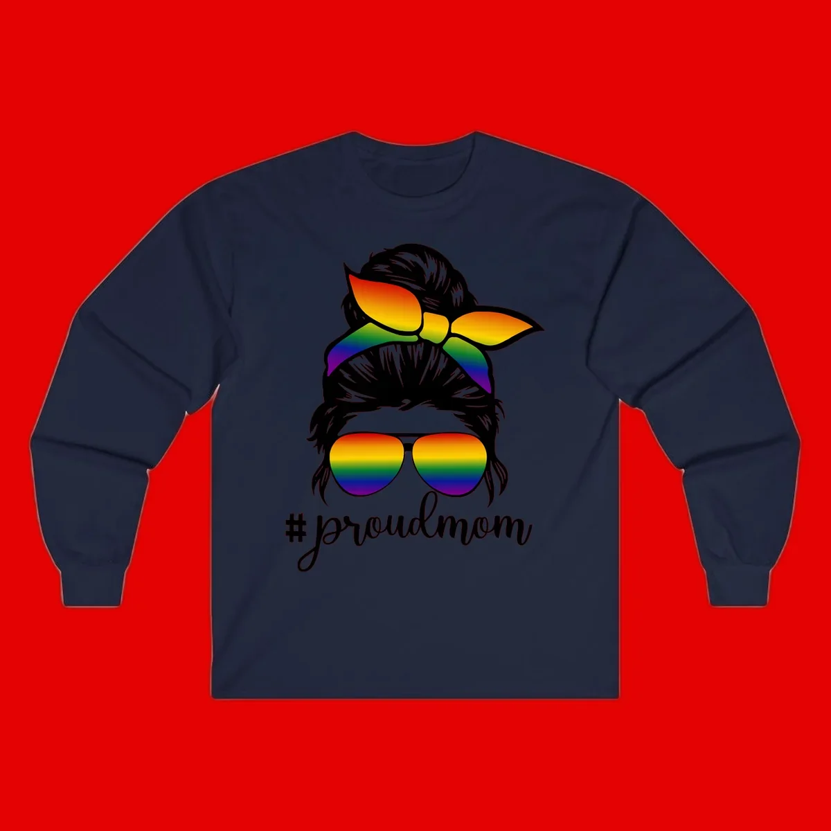 Illustration of a woman with black hair wearing rainbow bow, sunglasses, and lips with #proudmom text celebrating LGBTQ pride