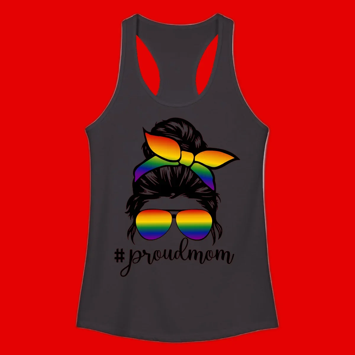 Illustration of a woman with black hair wearing rainbow bow, sunglasses, and lips with #proudmom text celebrating LGBTQ pride