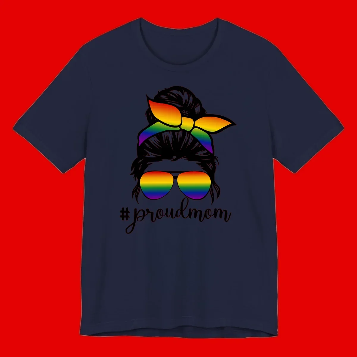 Illustration of a woman with black hair wearing rainbow bow, sunglasses, and lips with #proudmom text celebrating LGBTQ pride