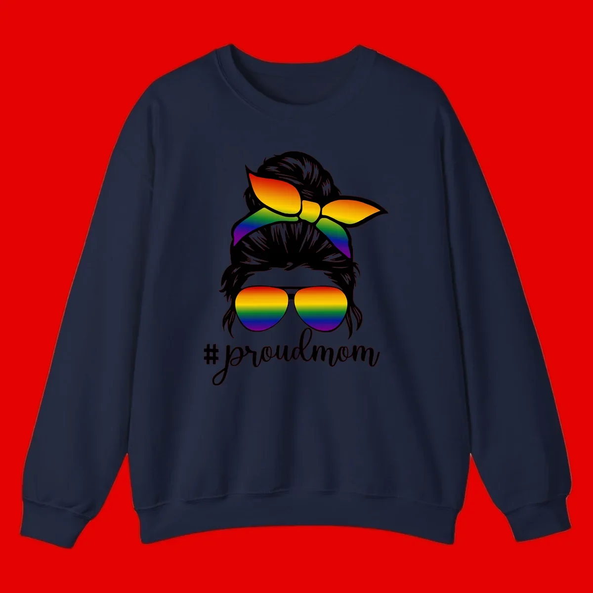 Illustration of a woman with black hair wearing rainbow bow, sunglasses, and lips with #proudmom text celebrating LGBTQ pride