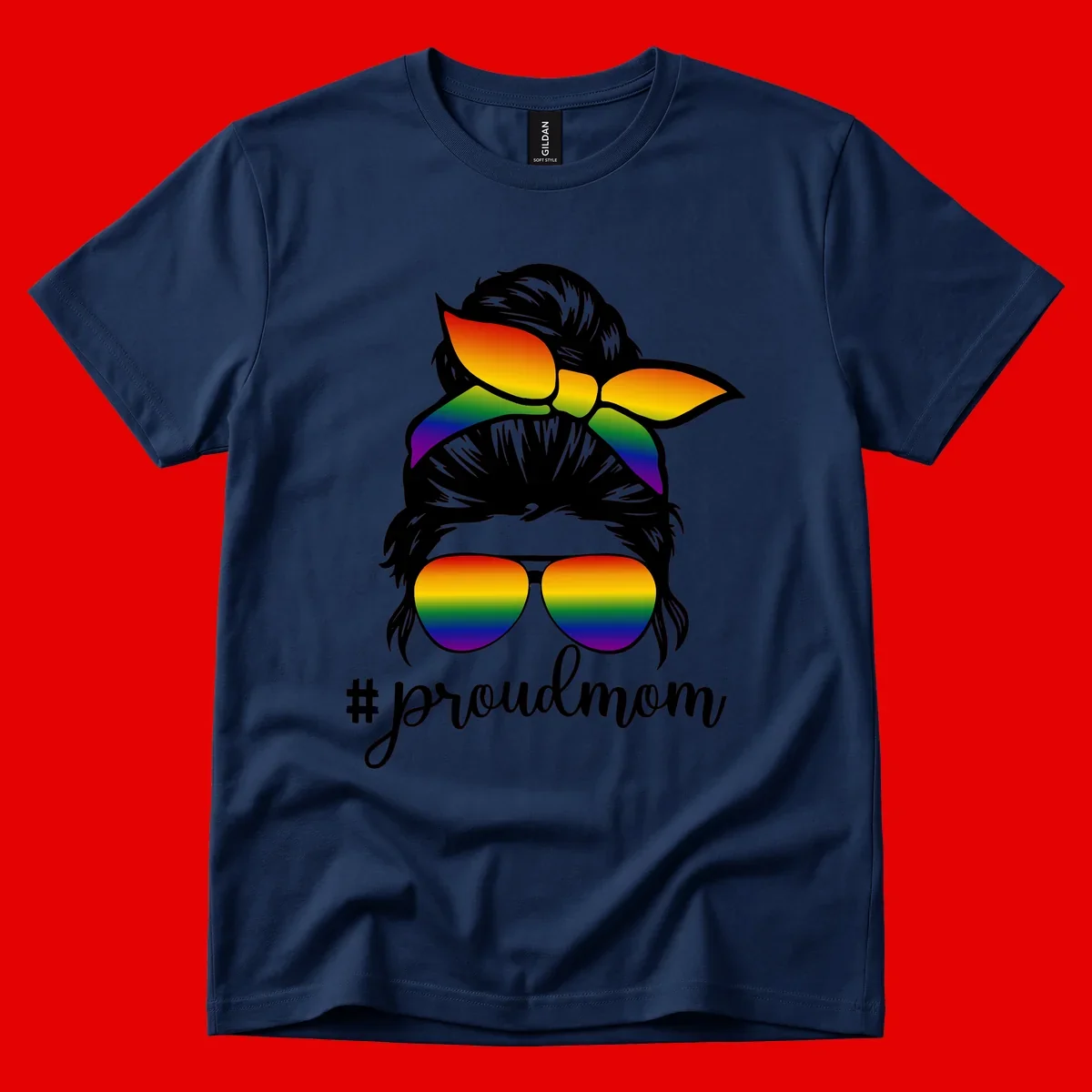 Illustration of a woman with black hair wearing rainbow bow, sunglasses, and lips with #proudmom text celebrating LGBTQ pride