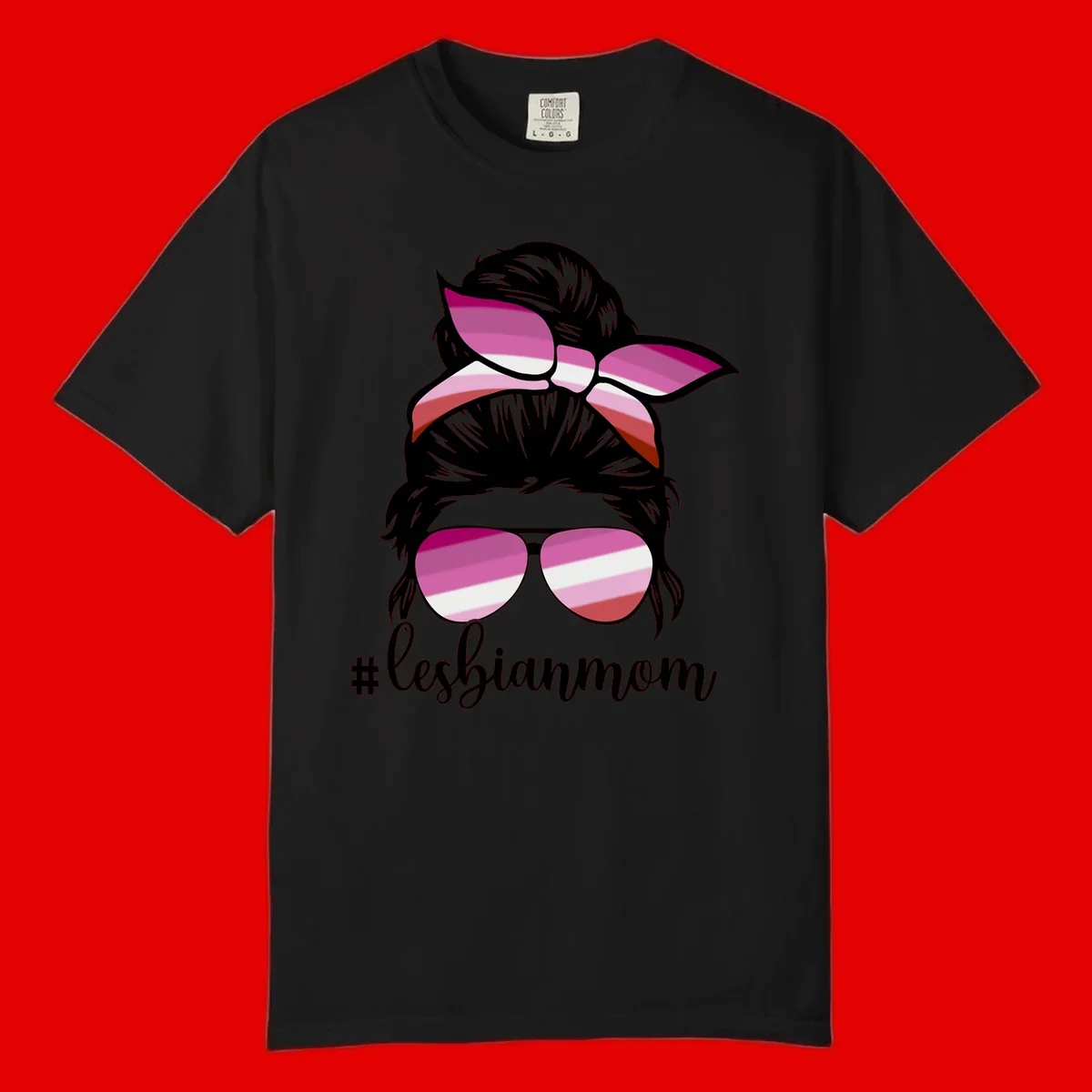 Illustration of a woman with black hair, pink bow, and aviator sunglasses featuring lesbian pride flag stripes with #lesbianmom text