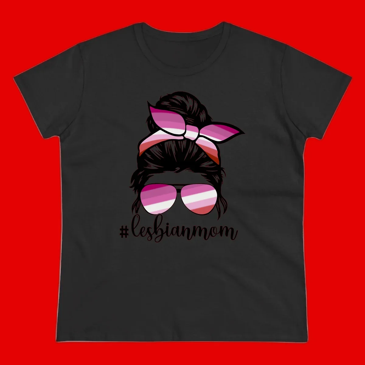 Illustration of a woman with black hair, pink bow, and aviator sunglasses featuring lesbian pride flag stripes with #lesbianmom text