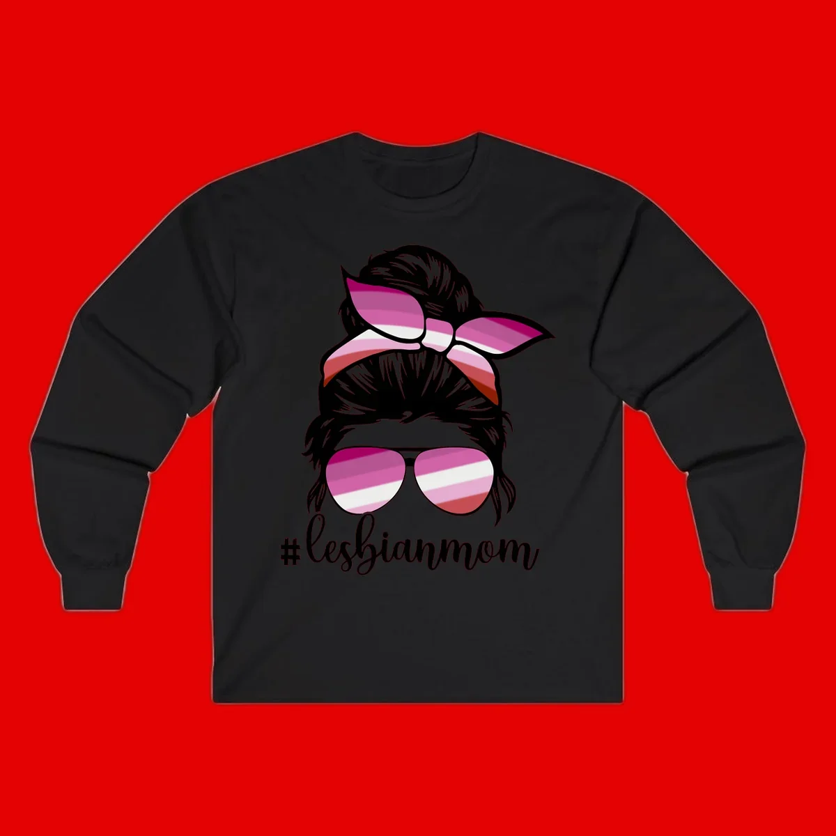 Illustration of a woman with black hair, pink bow, and aviator sunglasses featuring lesbian pride flag stripes with #lesbianmom text