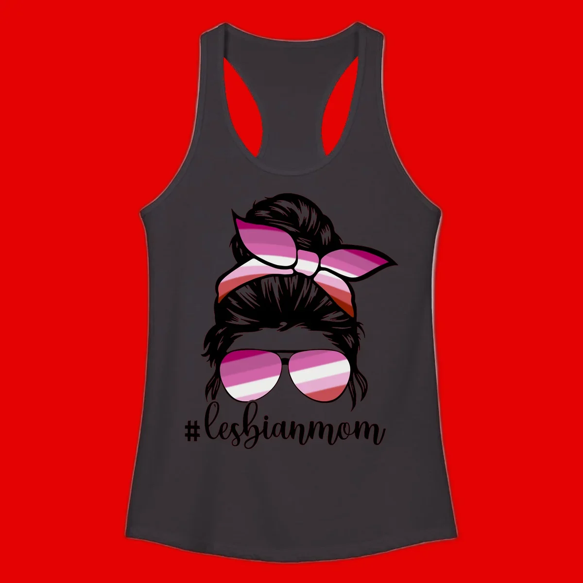 Illustration of a woman with black hair, pink bow, and aviator sunglasses featuring lesbian pride flag stripes with #lesbianmom text