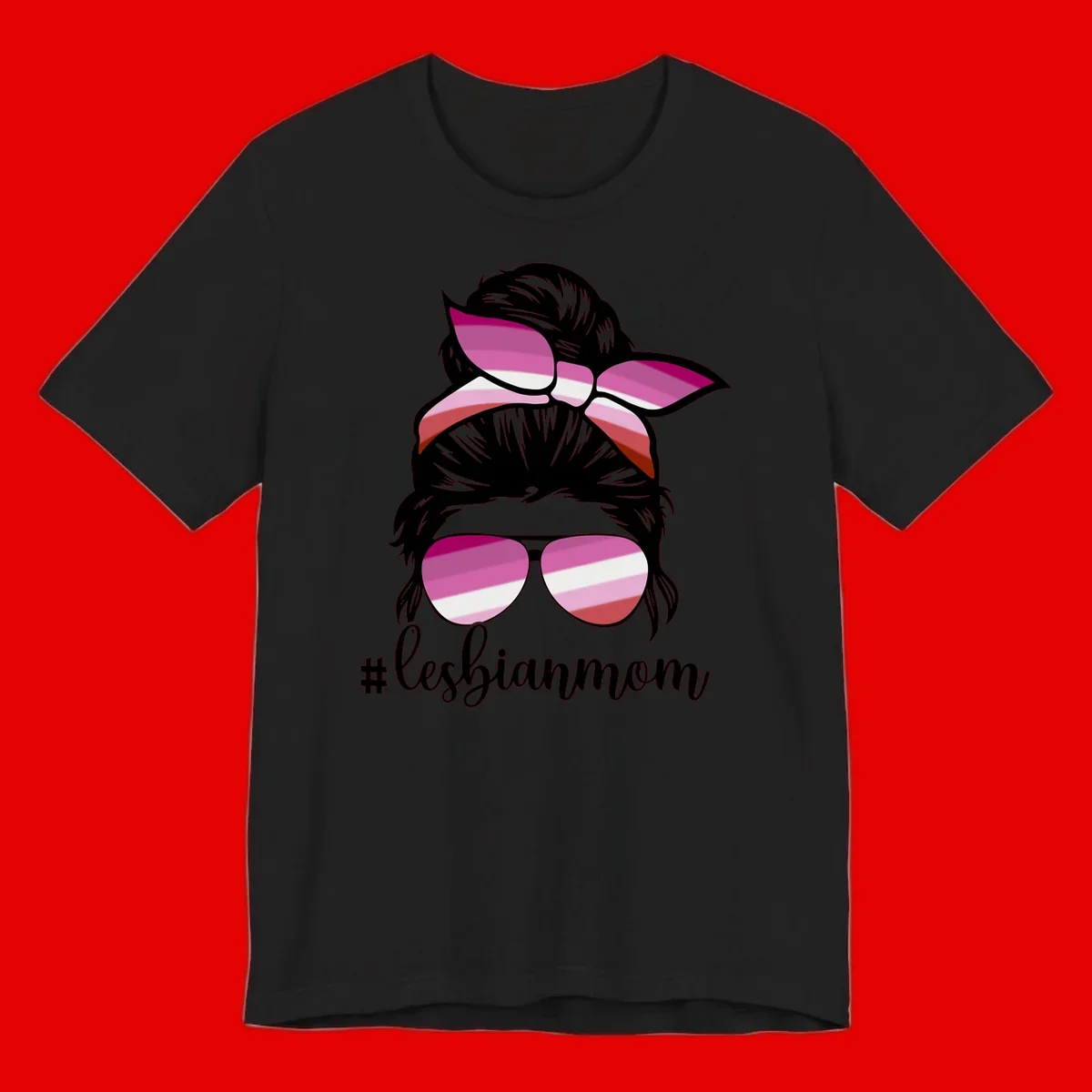 Illustration of a woman with black hair, pink bow, and aviator sunglasses featuring lesbian pride flag stripes with #lesbianmom text