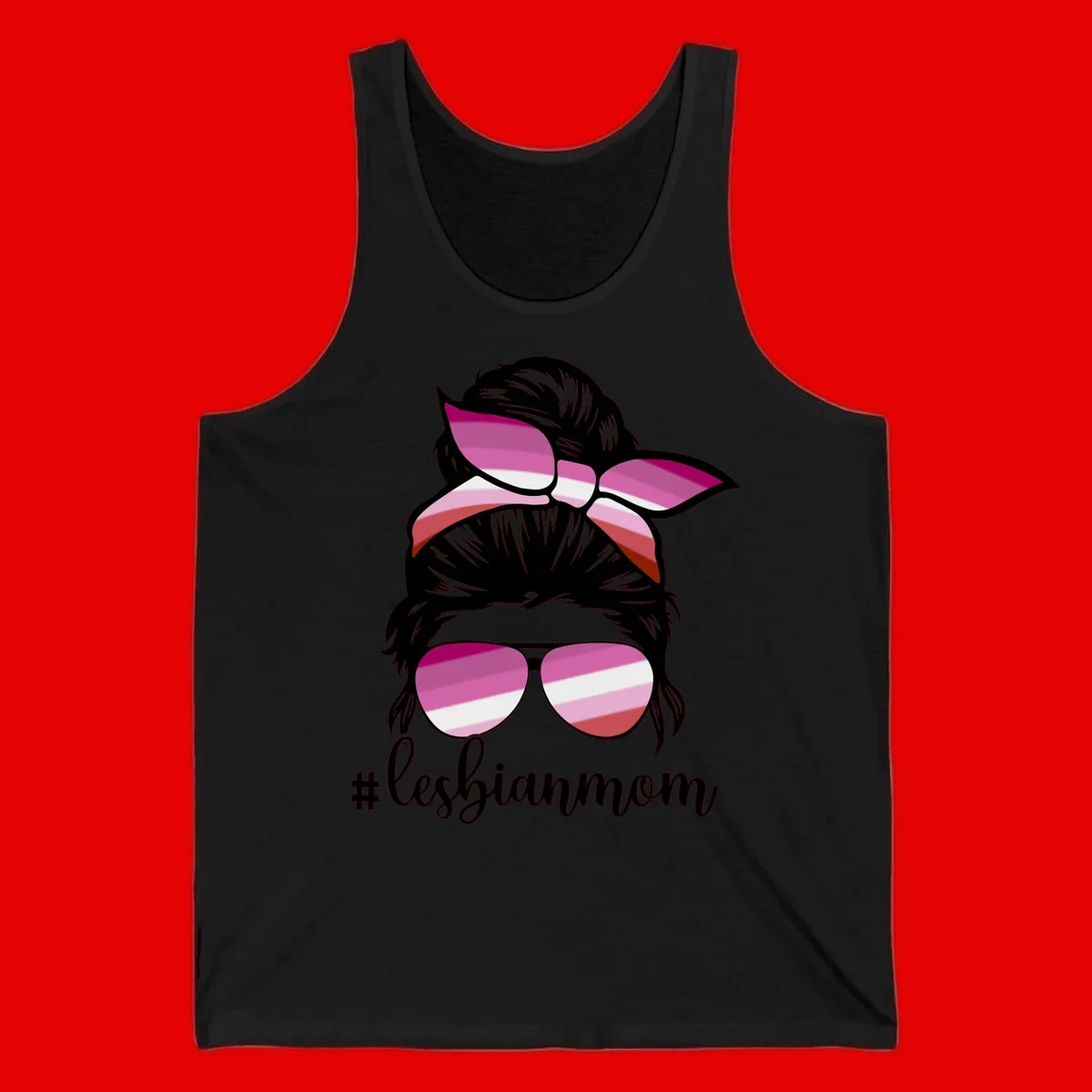 Illustration of a woman with black hair, pink bow, and aviator sunglasses featuring lesbian pride flag stripes with #lesbianmom text