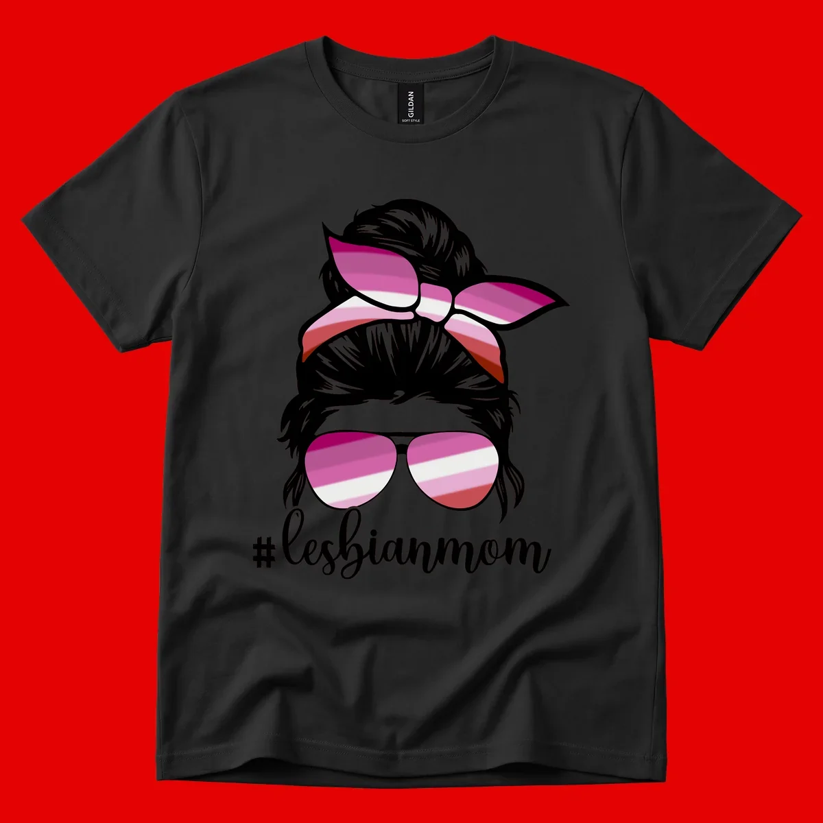 Illustration of a woman with black hair, pink bow, and aviator sunglasses featuring lesbian pride flag stripes with #lesbianmom text