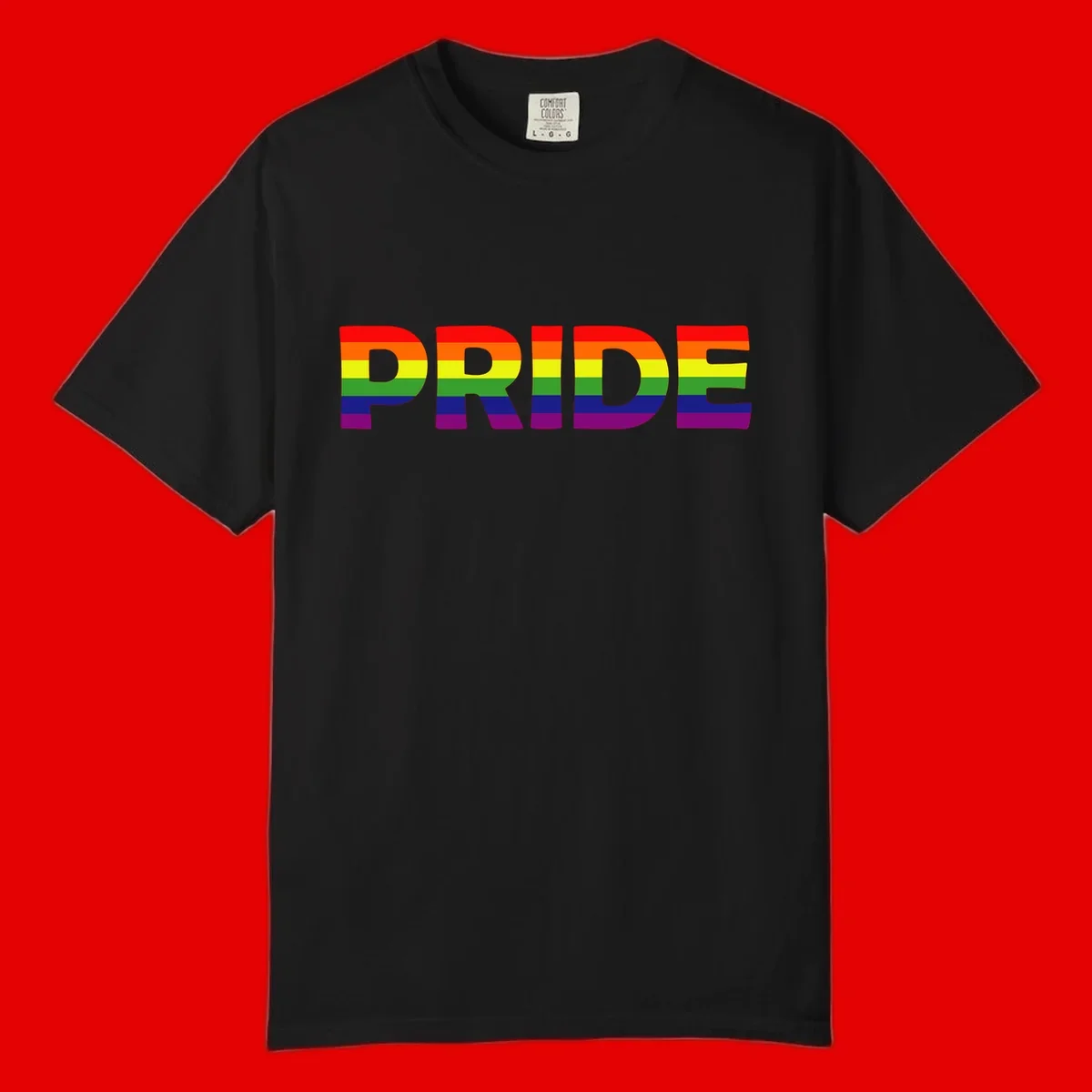 The word PRIDE in large letters filled with rainbow pride flag stripes on gray background