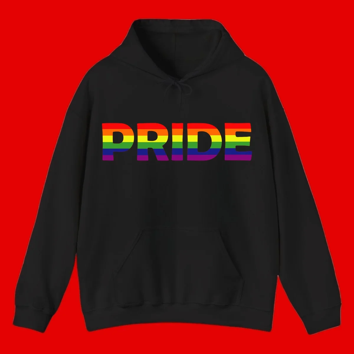 The word PRIDE in large letters filled with rainbow pride flag stripes on gray background