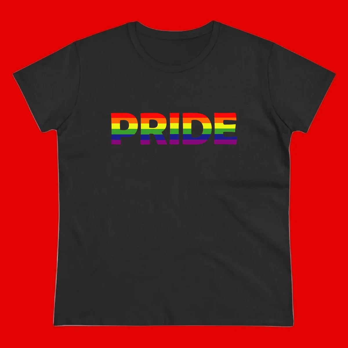 The word PRIDE in large letters filled with rainbow pride flag stripes on gray background