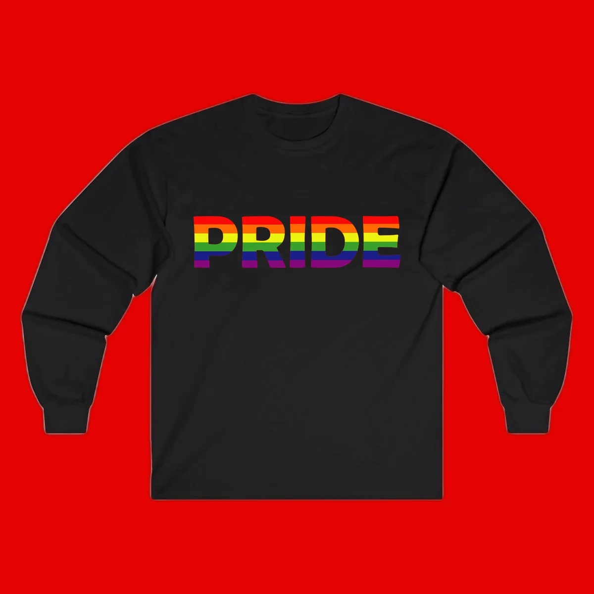 The word PRIDE in large letters filled with rainbow pride flag stripes on gray background