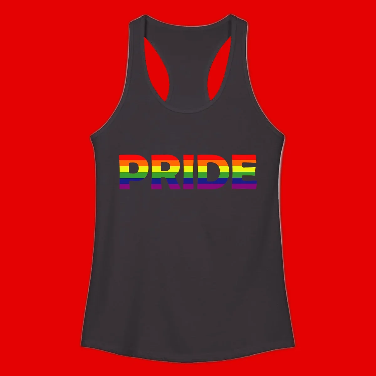 The word PRIDE in large letters filled with rainbow pride flag stripes on gray background